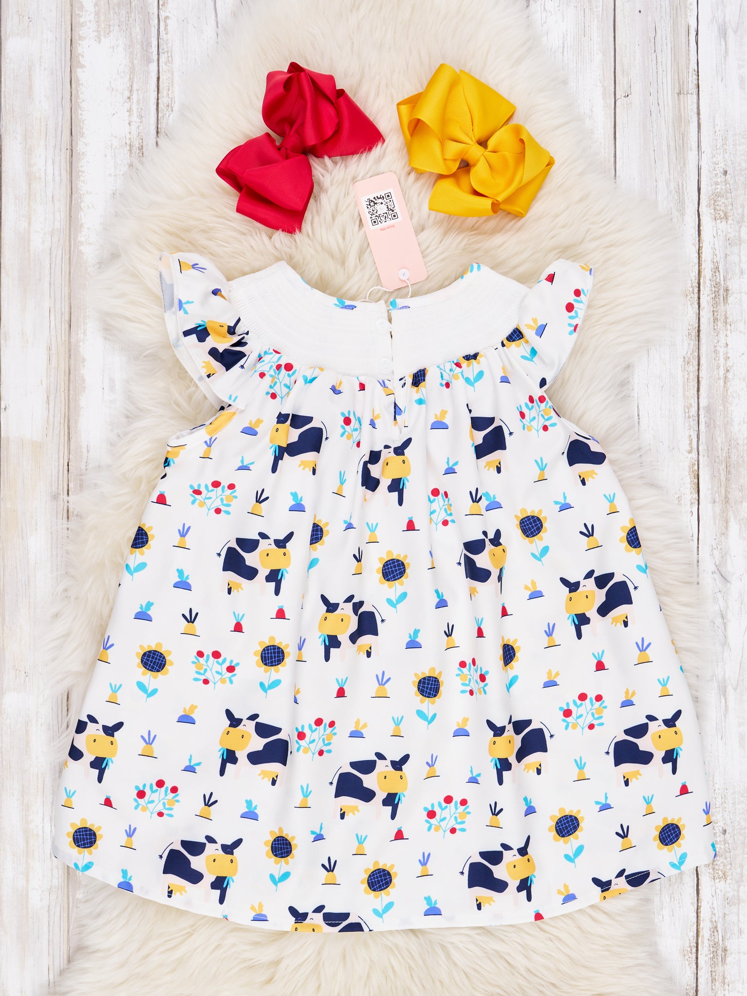 Smocked Happy Cow Ruffle Dress - Marie Nicole Clothing