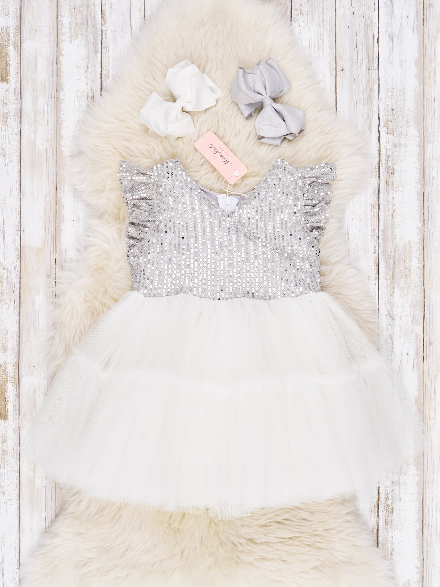 Silver Sequin Tiered Tulle Dress - Marie Nicole Clothing