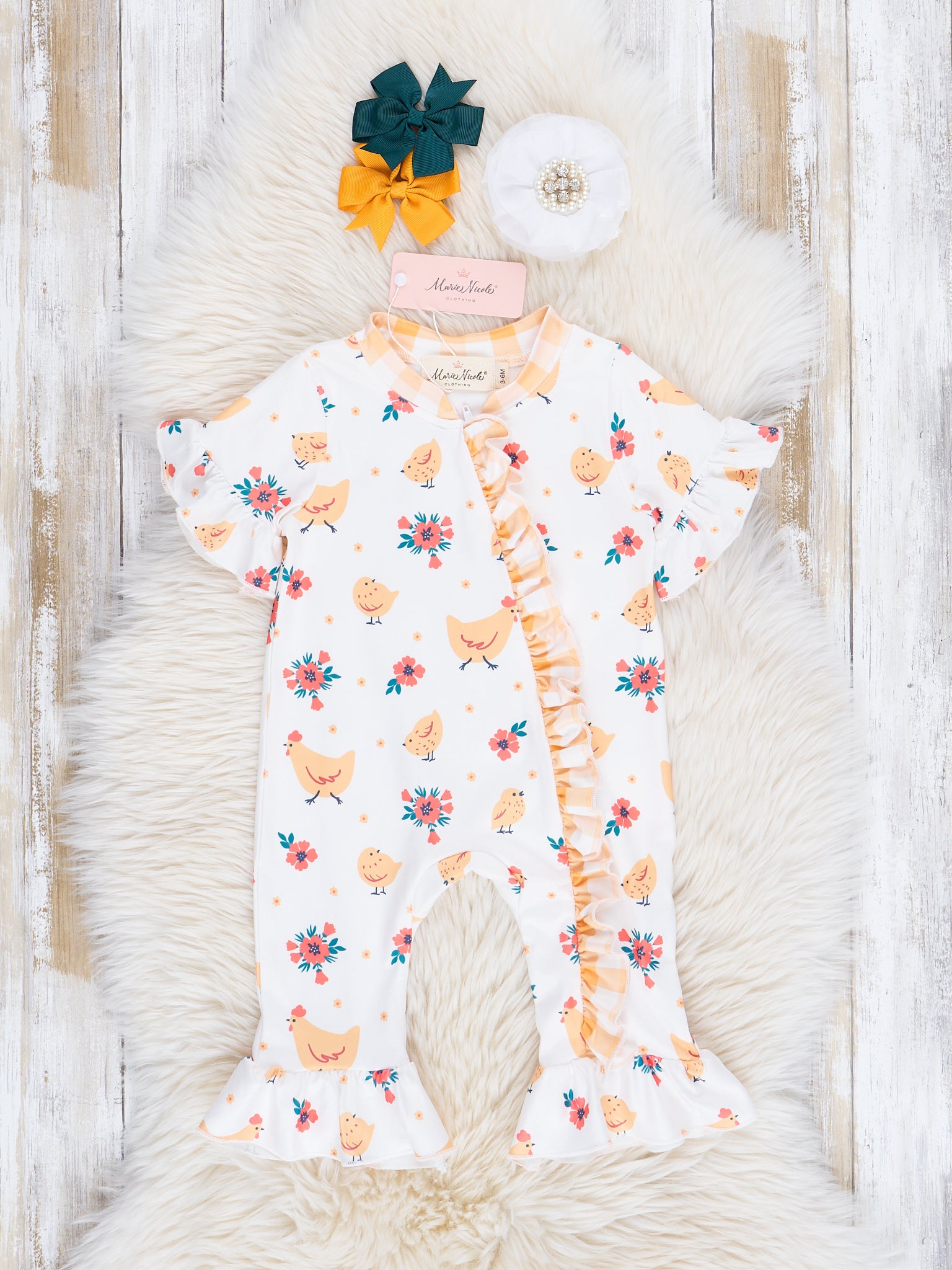 Yellow Pecking Garden Ruffle Romper - Marie Nicole Clothing