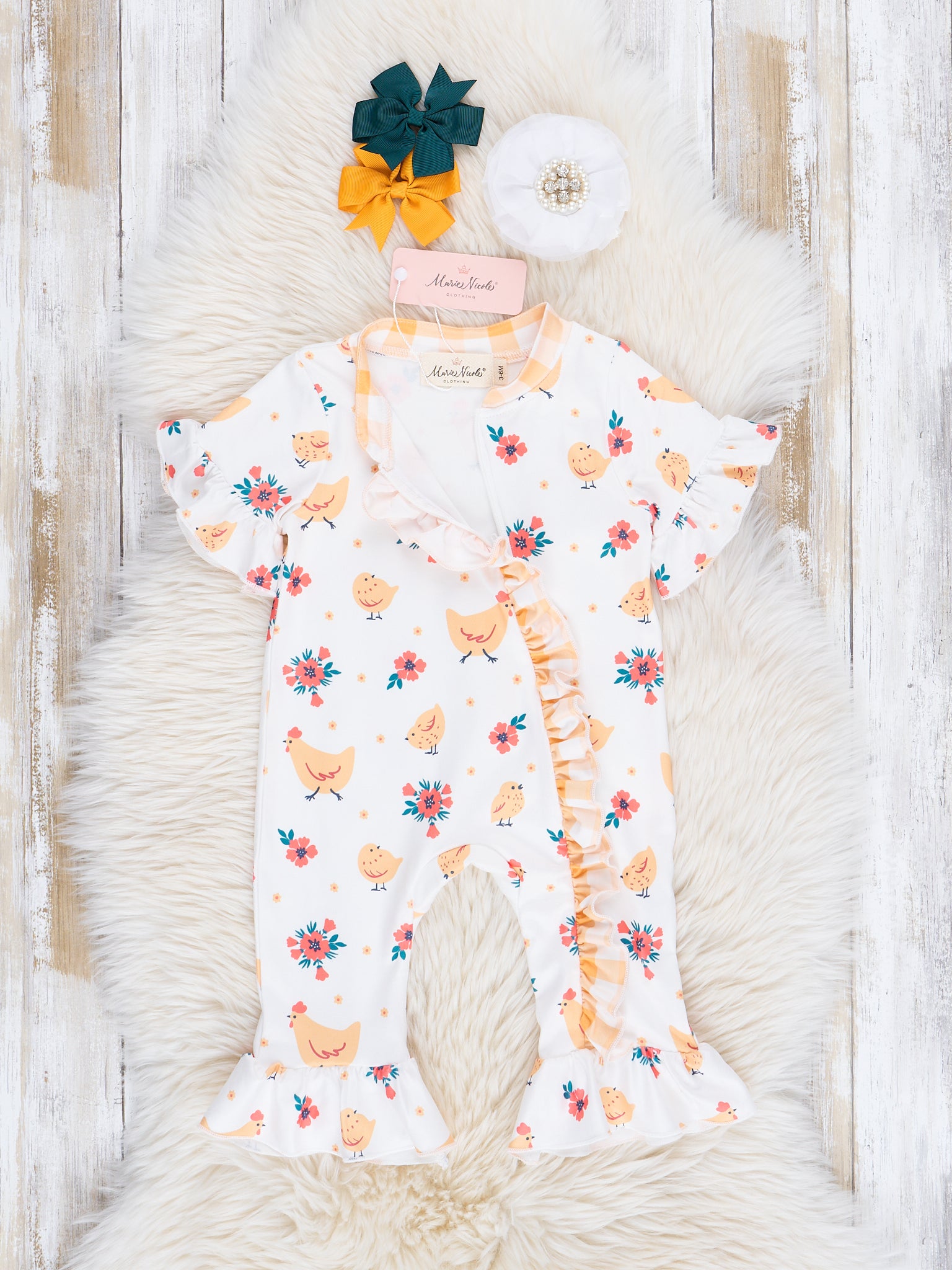 Yellow Pecking Garden Ruffle Romper - Marie Nicole Clothing
