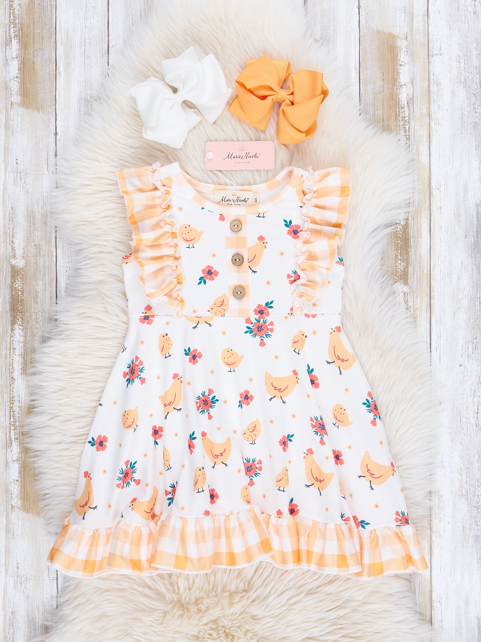 Yellow Pecking Garden Ruffle Dress - Marie Nicole Clothing