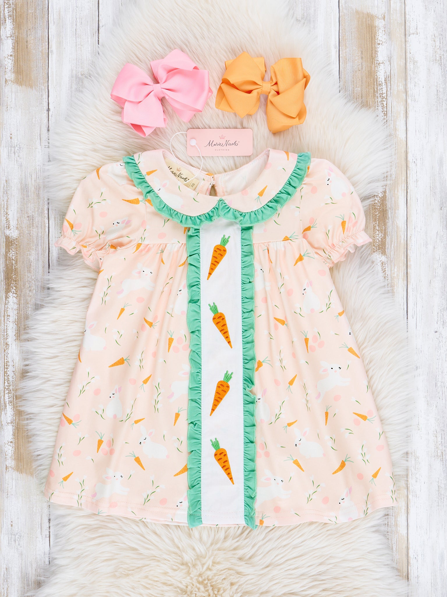 Peach & Green Embroidered Carrots Ruffle Dress - Marie Nicole Clothing