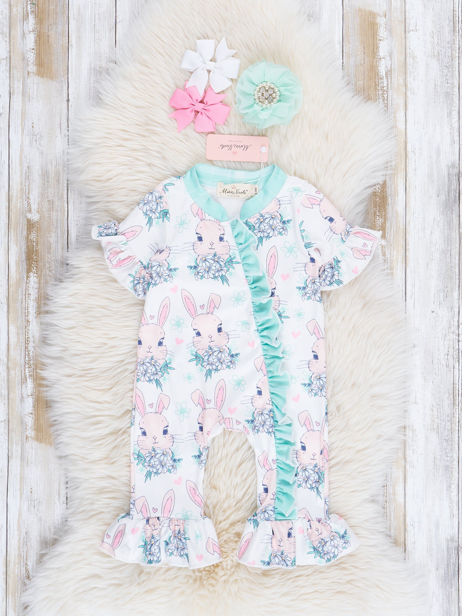 Turquoise Bunnies Ruffle Romper - Marie Nicole Clothing