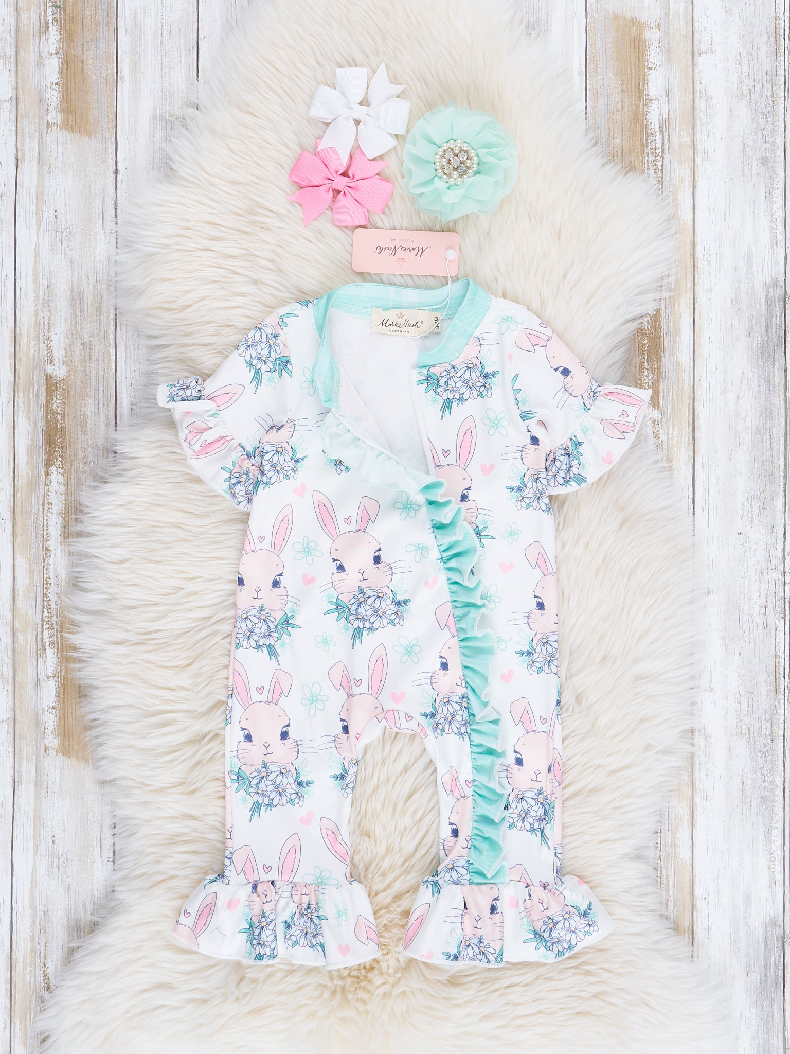 Turquoise Bunnies Ruffle Romper - Marie Nicole Clothing