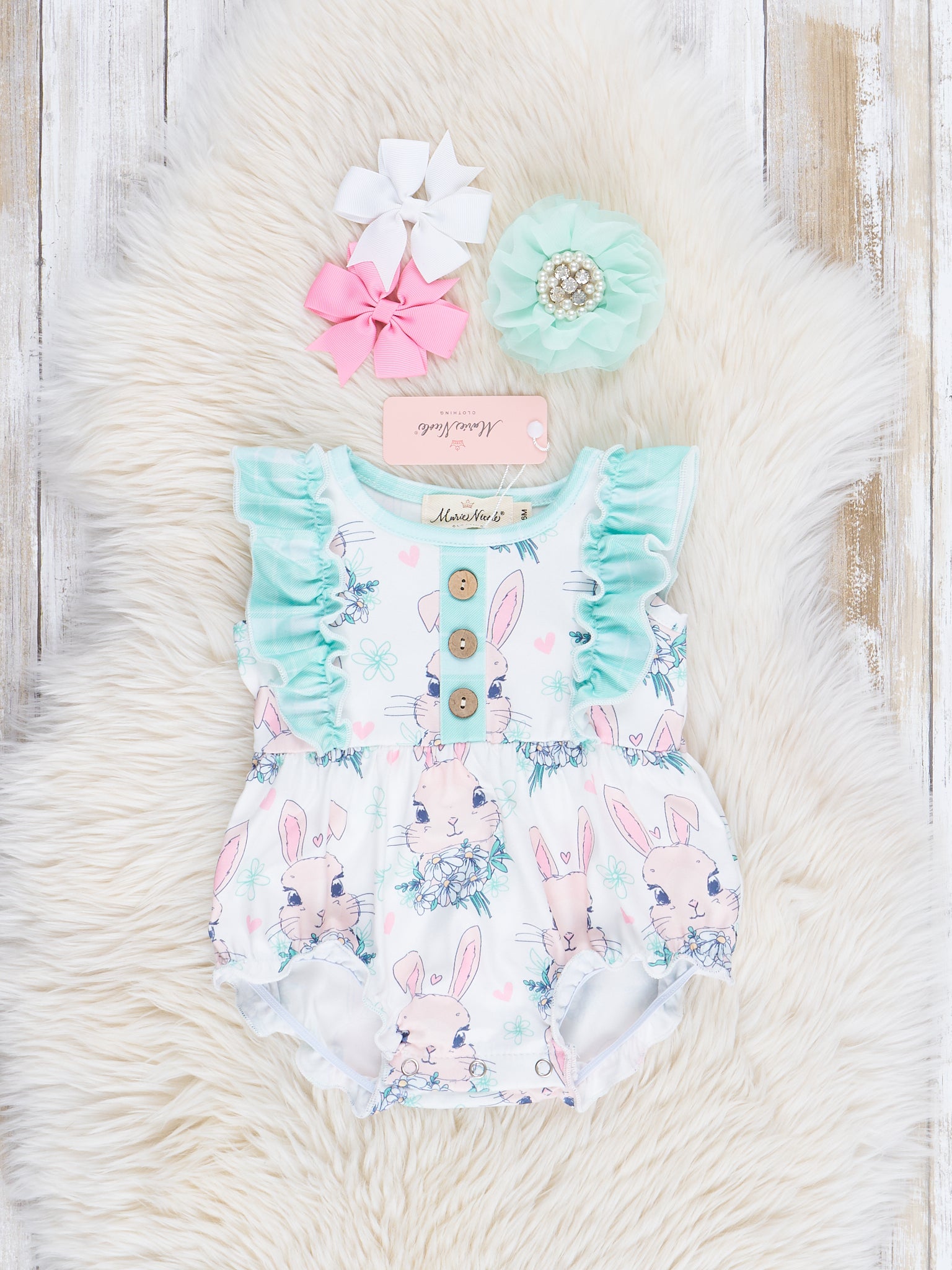 Turquoise Bunnies Ruffle Bubble Romper - Marie Nicole Clothing