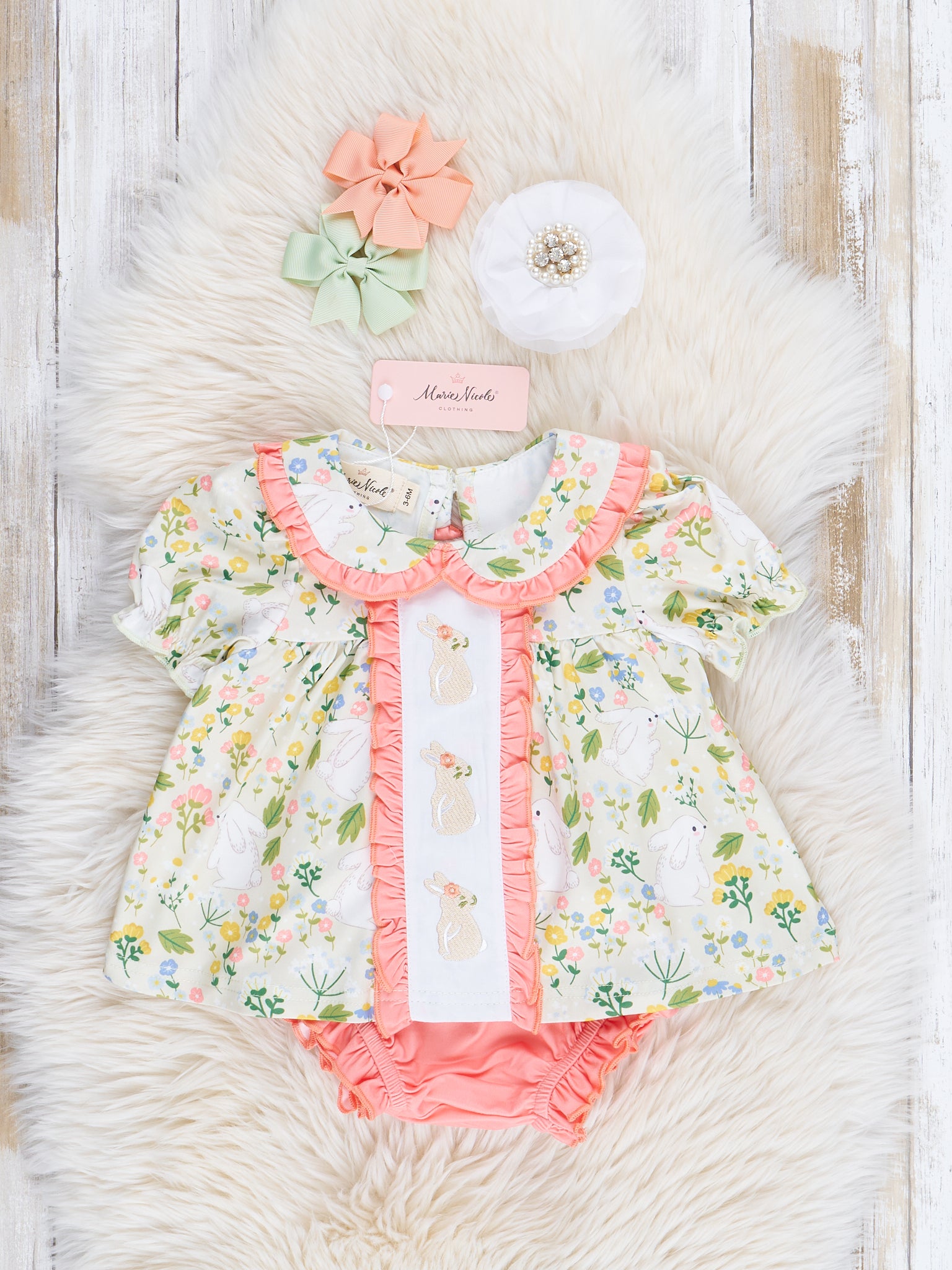 Coral & Green Embroidered Bunnies Ruffle Bloomer Outfit - Marie Nicole Clothing