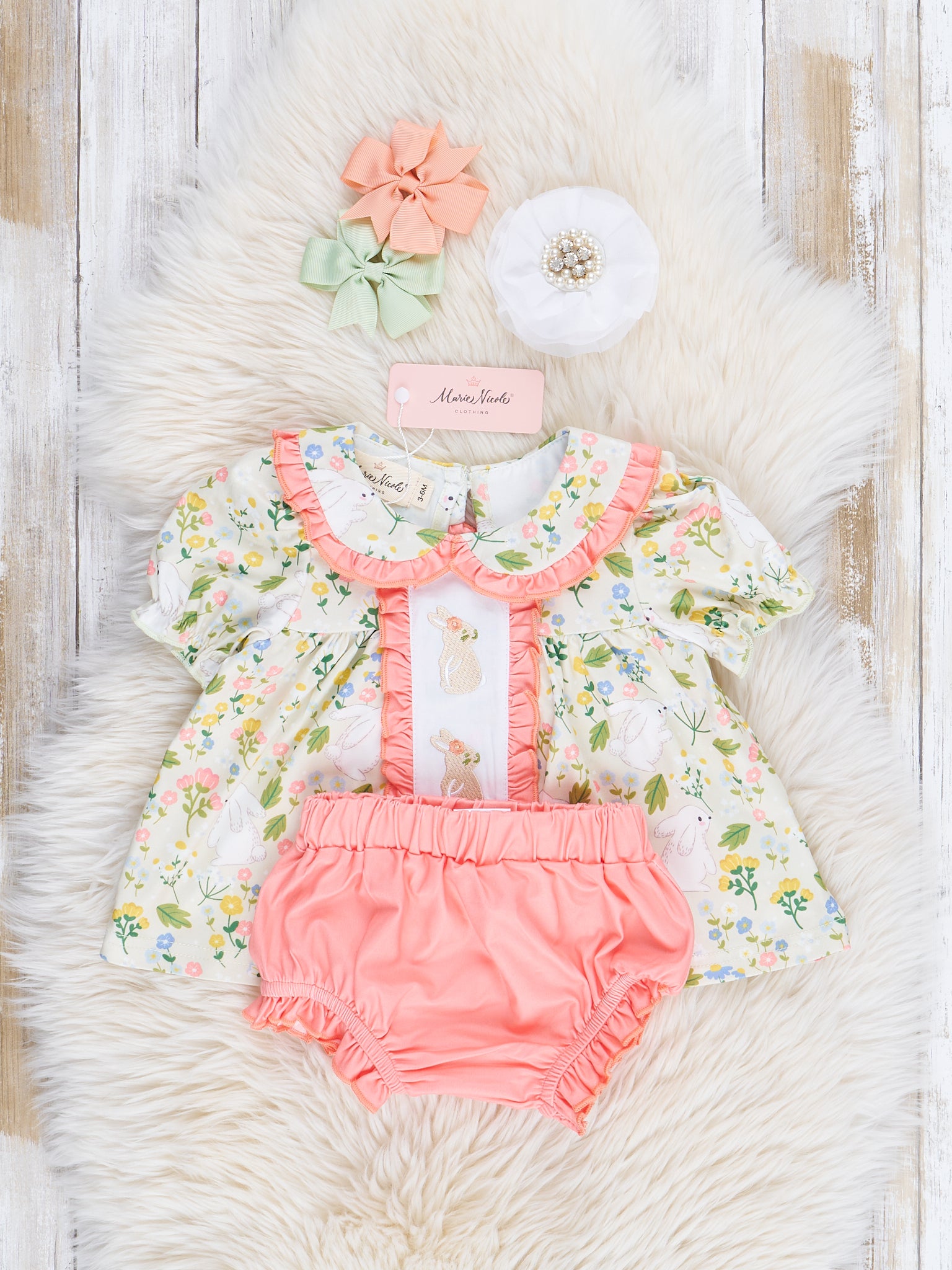 Coral & Green Embroidered Bunnies Ruffle Bloomer Outfit - Marie Nicole Clothing