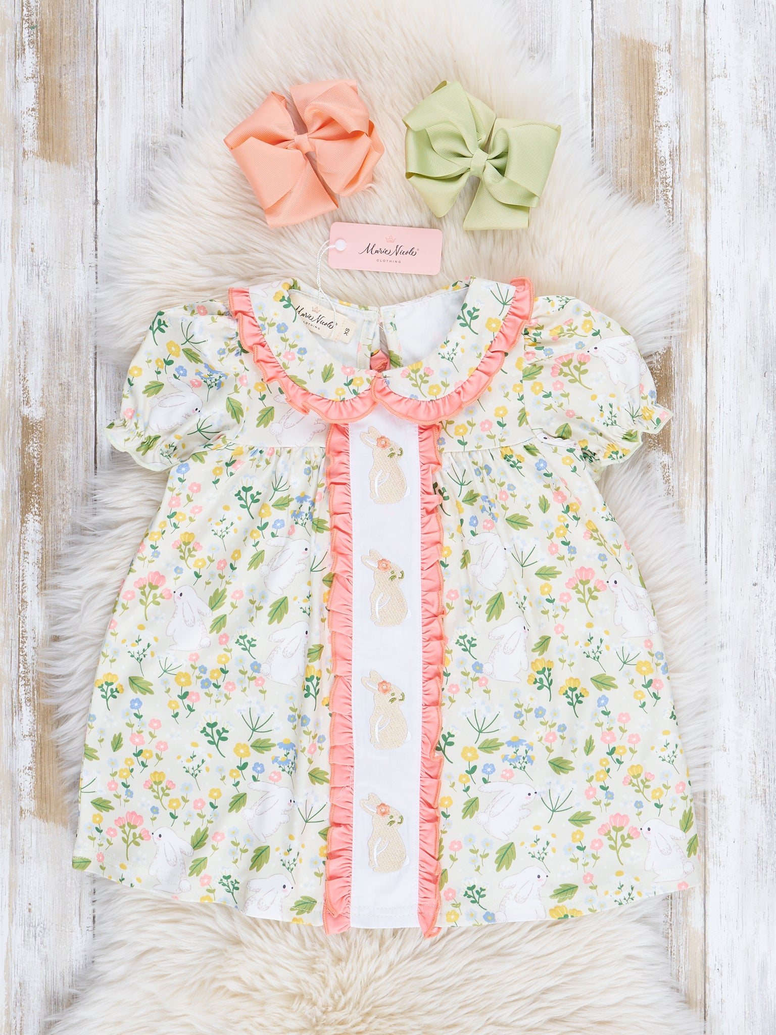 Coral & Green Embroidered Bunnies Ruffle Dress - Marie Nicole Clothing