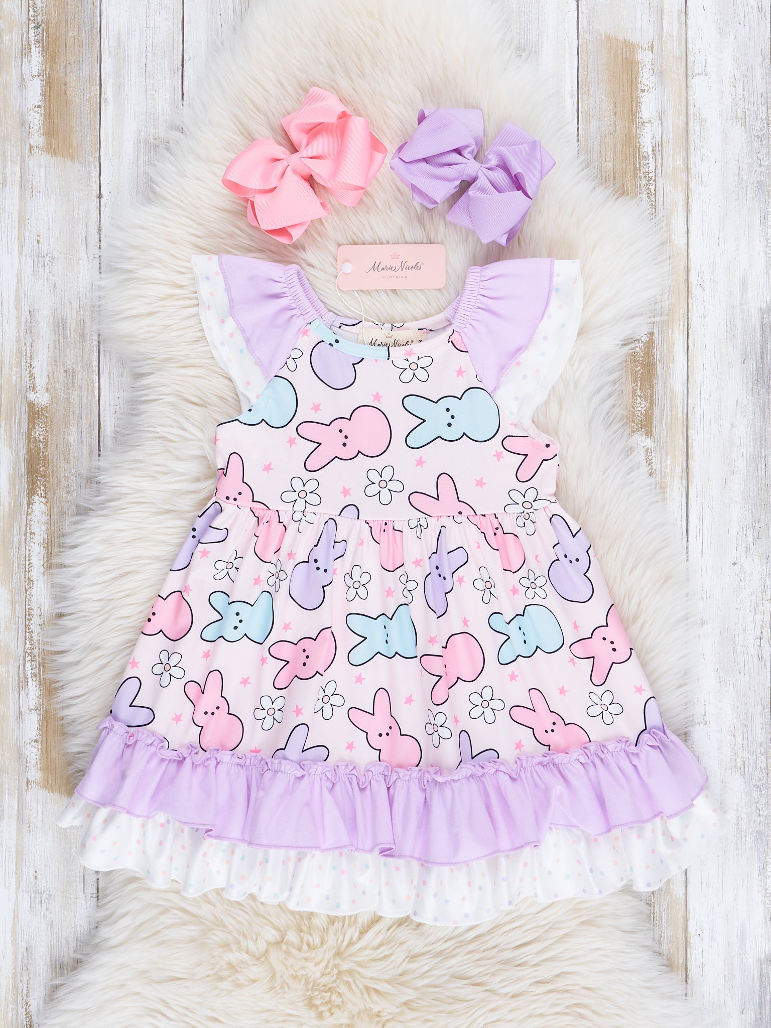 Lilac & Rose Star Bunnies Ruffle Dress - Marie Nicole Clothing