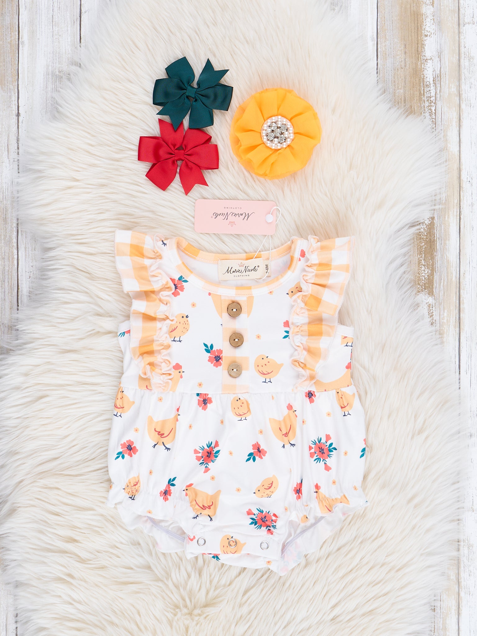 Yellow Pecking Garden Ruffle Bubble Romper - Marie Nicole Clothing