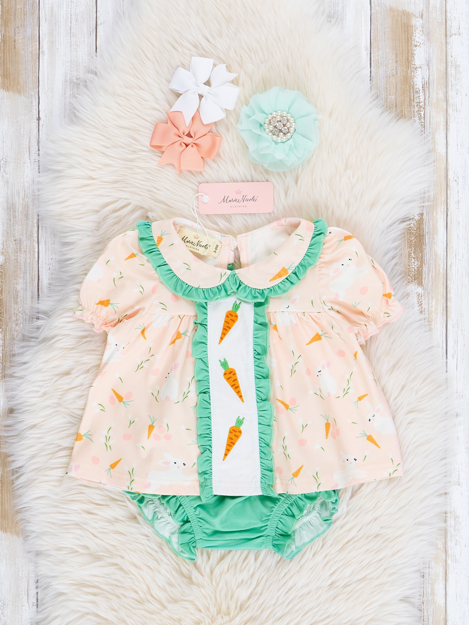 Peach & Green Embroidered Carrots Bloomers Outfit - Marie Nicole Clothing