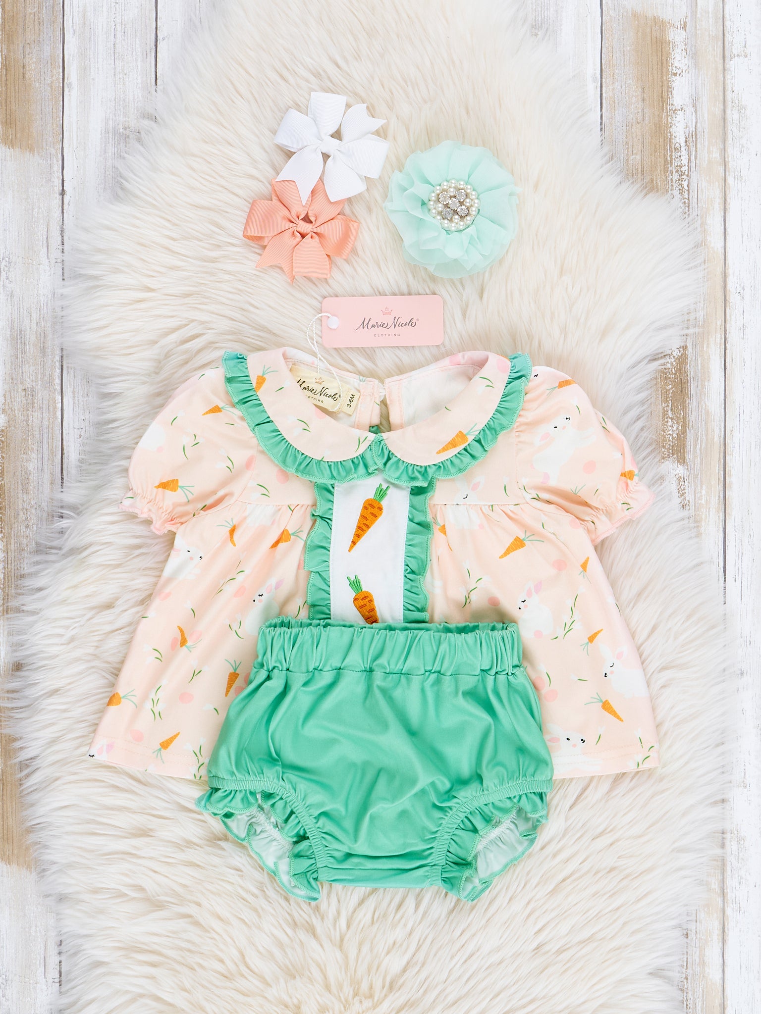 Peach & Green Embroidered Carrots Bloomers Outfit - Marie Nicole Clothing