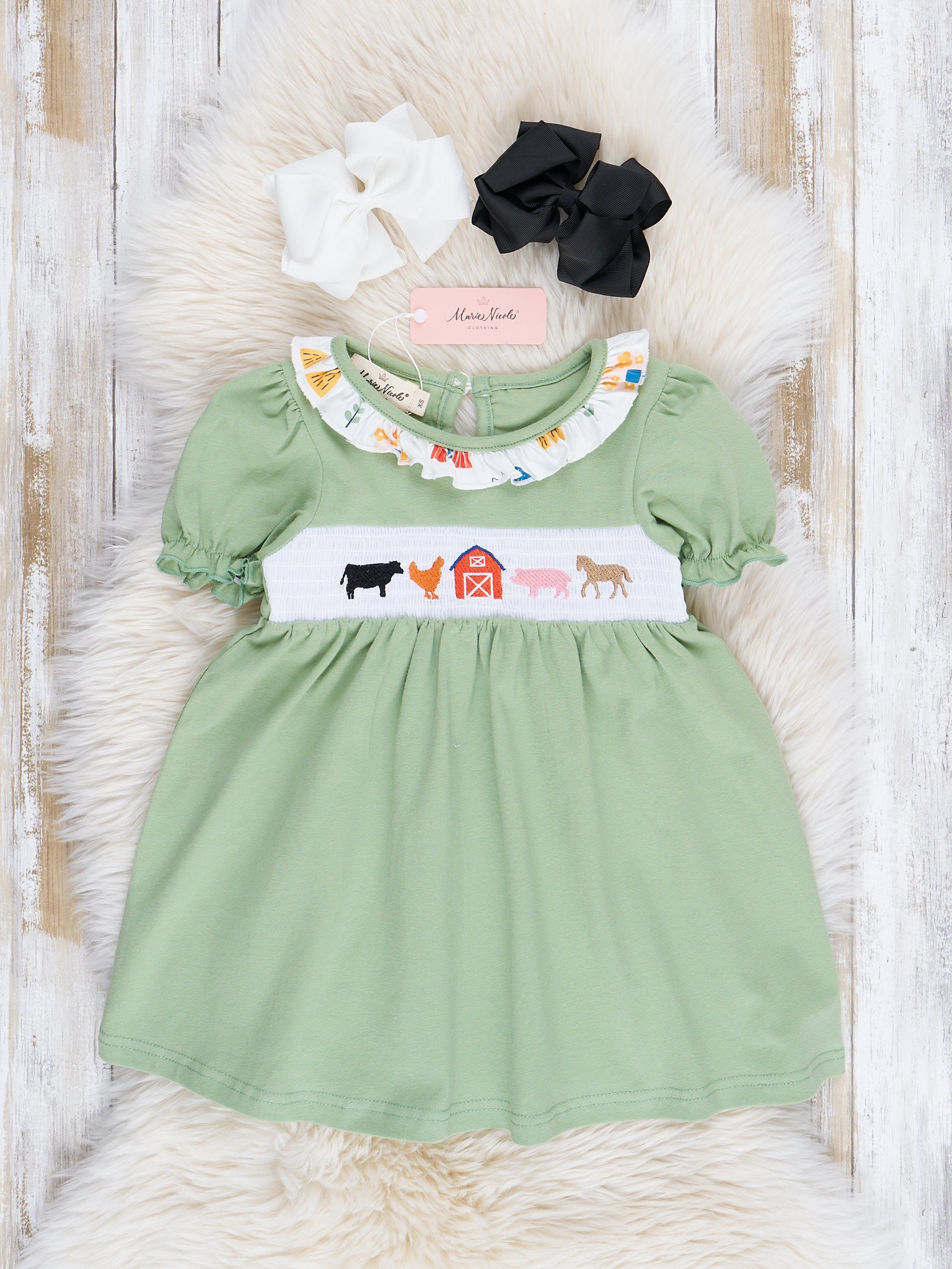 Green Farm Friends Smocked Ruffle Dress - Marie Nicole Clothing
