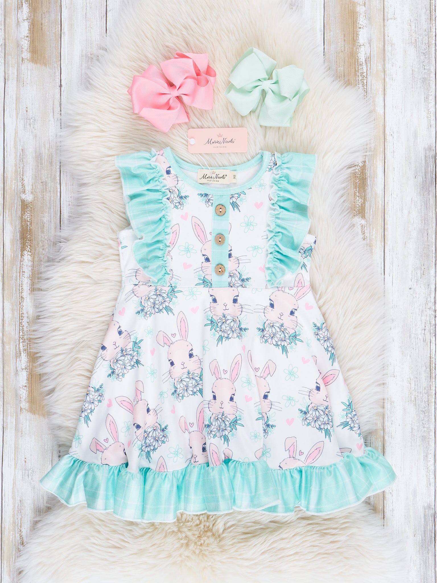 Turquoise Bunnies Ruffle Dress - Marie Nicole Clothing
