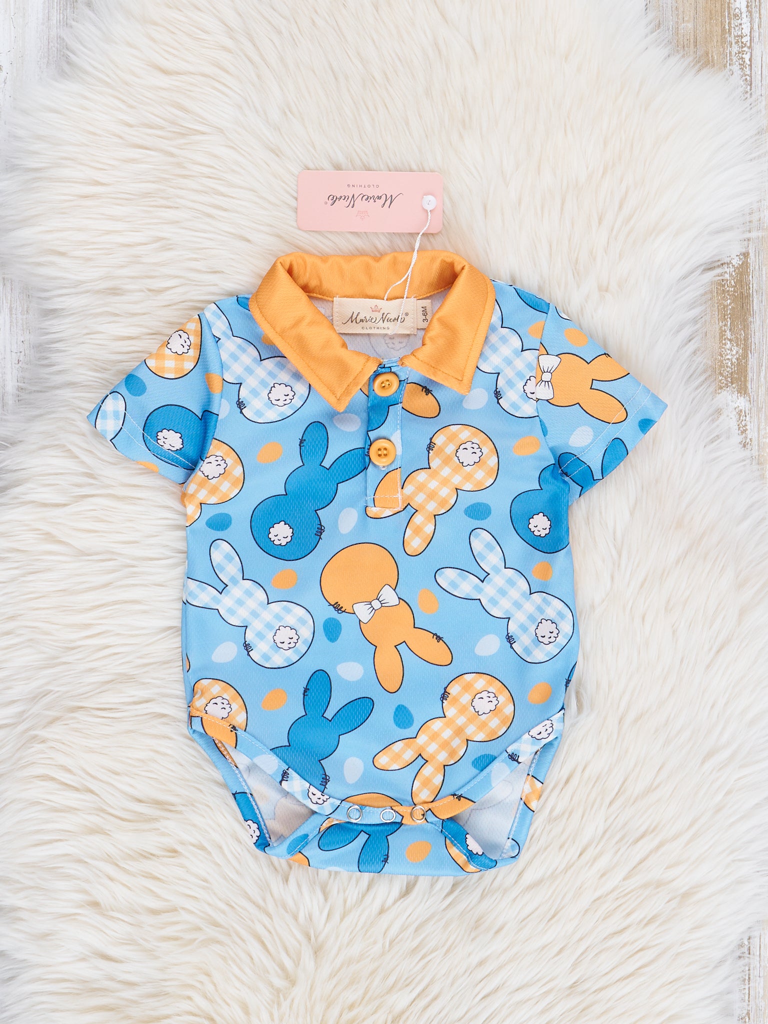 Turquoise & Orange Bunny Polo Romper - Marie Nicole Clothing