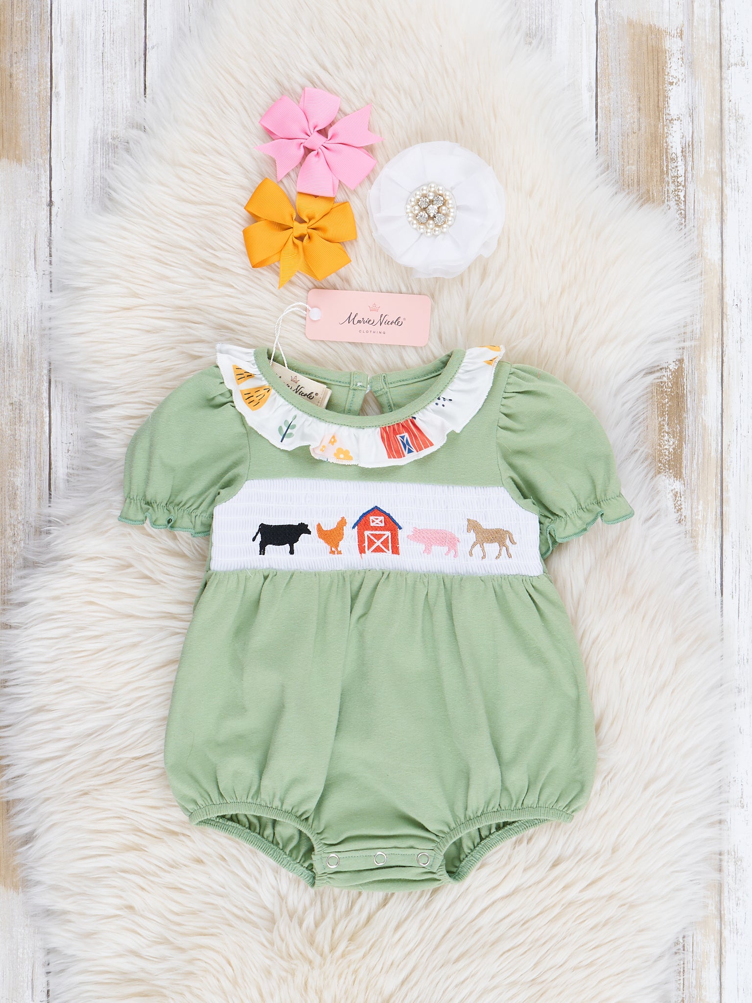 Green Farm Friends Smocked Ruffle Bubble Romper - Marie Nicole Clothing