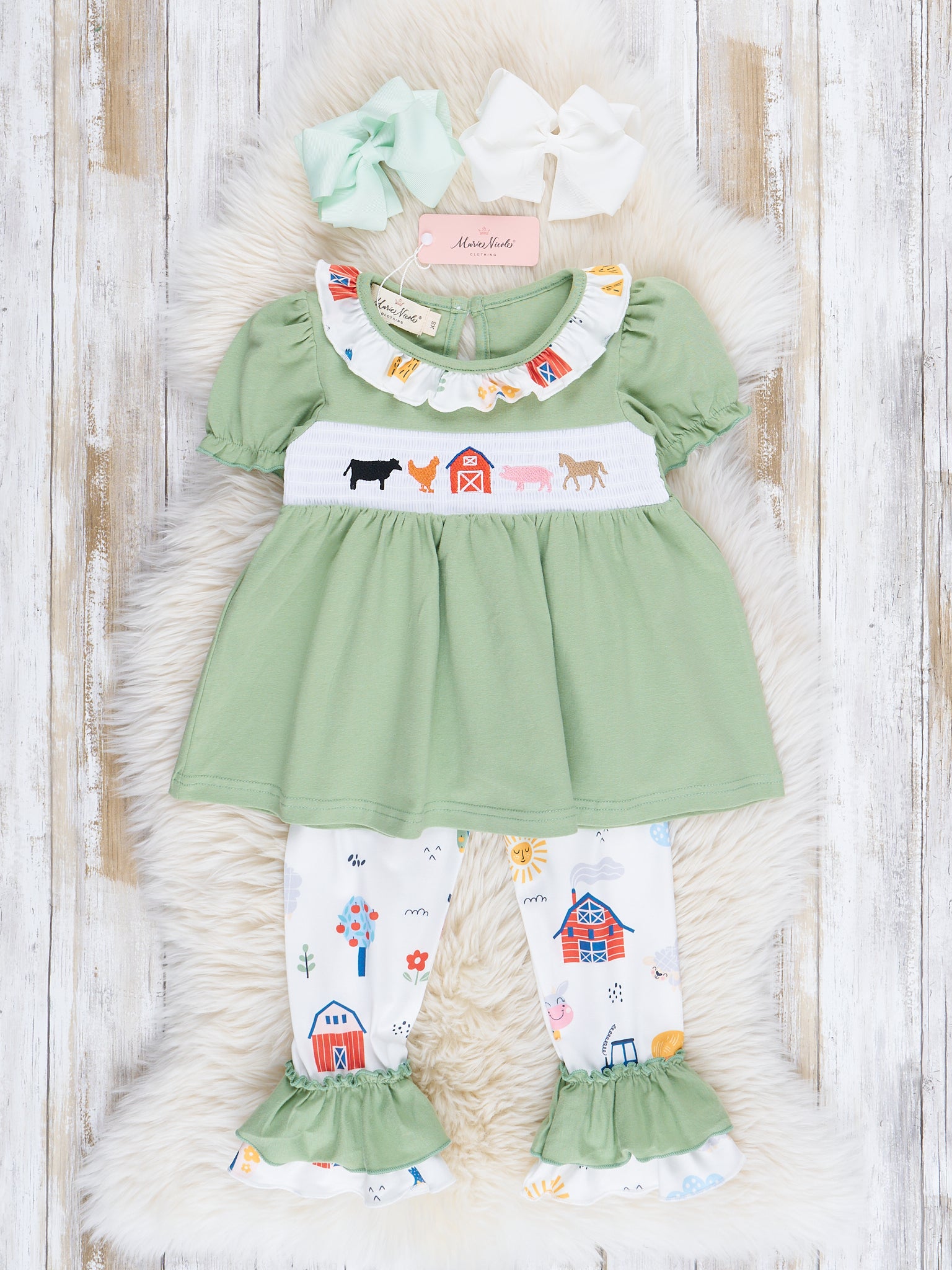 Green Farm Friends Smocked Ruffle Outfit - Marie Nicole Clothing