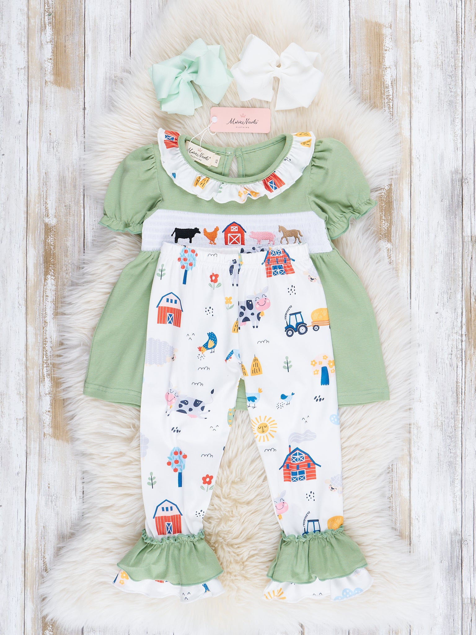Green Farm Friends Smocked Ruffle Outfit - Marie Nicole Clothing
