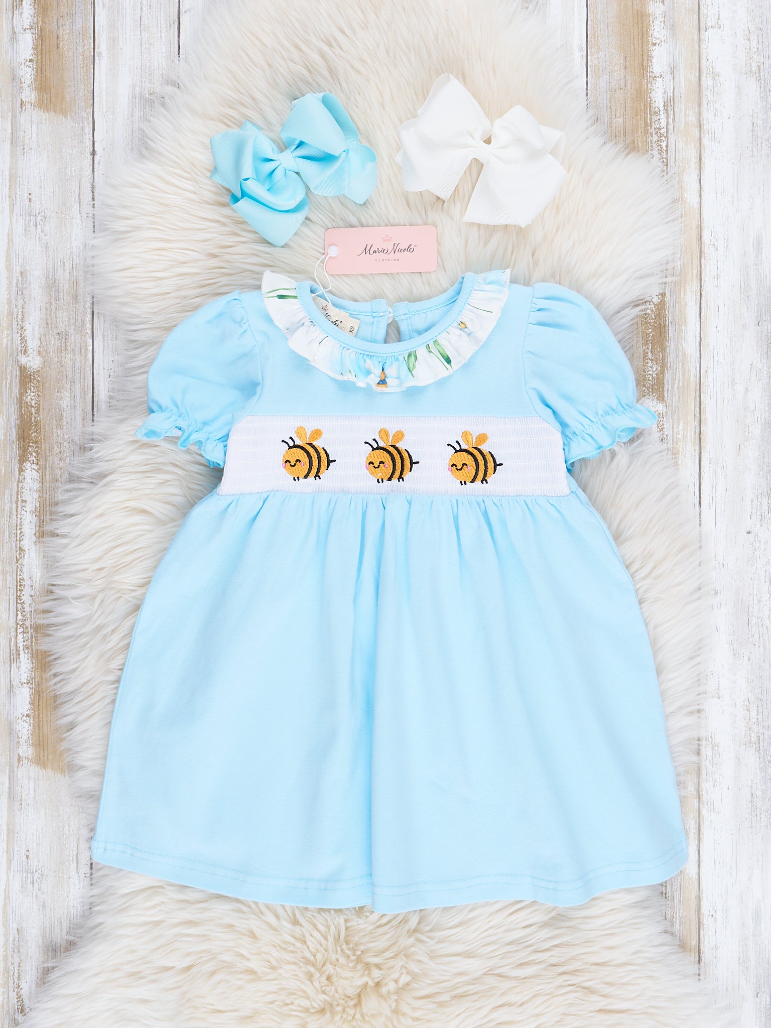 Ice Blue Bumble Bee Smocked Ruffle Dress - Marie Nicole Clothing