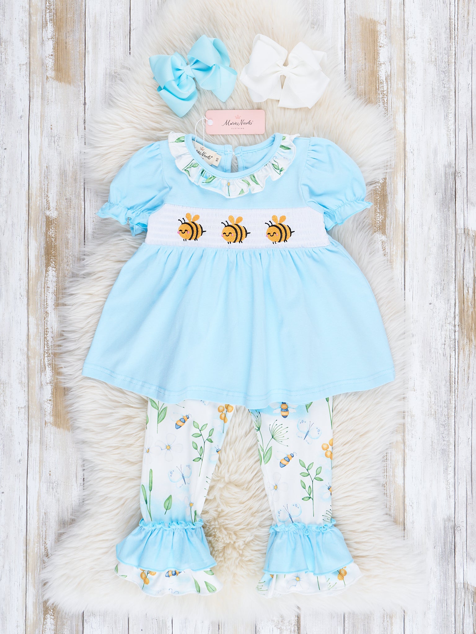 Ice Blue Bumble Bee Smocked Ruffle Outfit - Marie Nicole Clothing