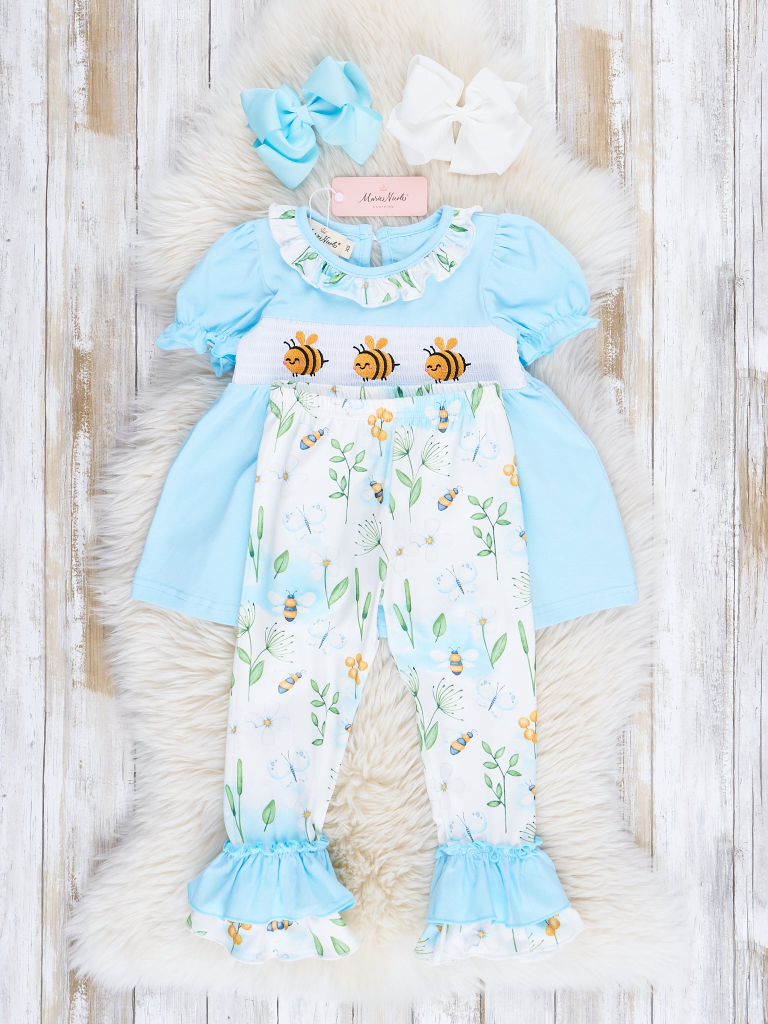 Ice Blue Bumble Bee Smocked Ruffle Outfit - Marie Nicole Clothing