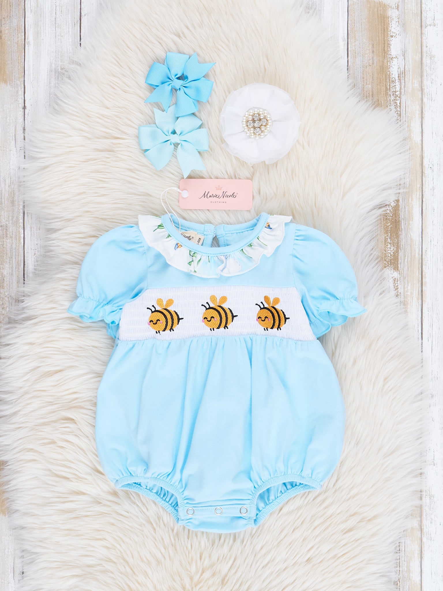 Ice Blue Bumble Bee Smocked Ruffle Bubble Romper - Marie Nicole Clothing