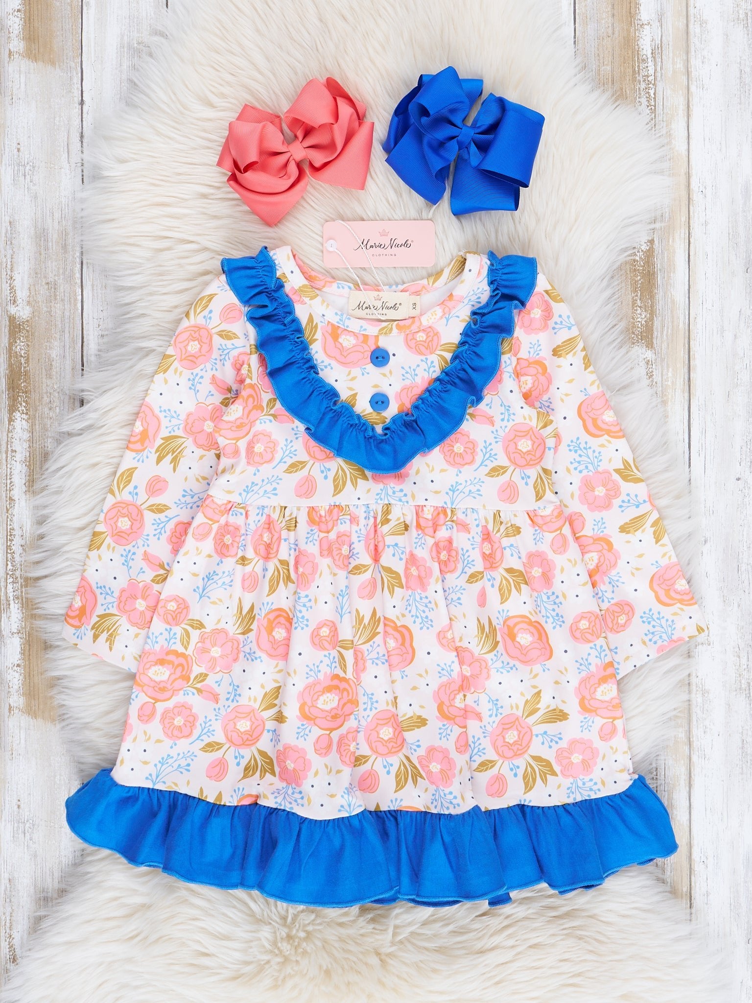 Coral & Blue Rose Garden Ruffle Dress - Marie Nicole Clothing