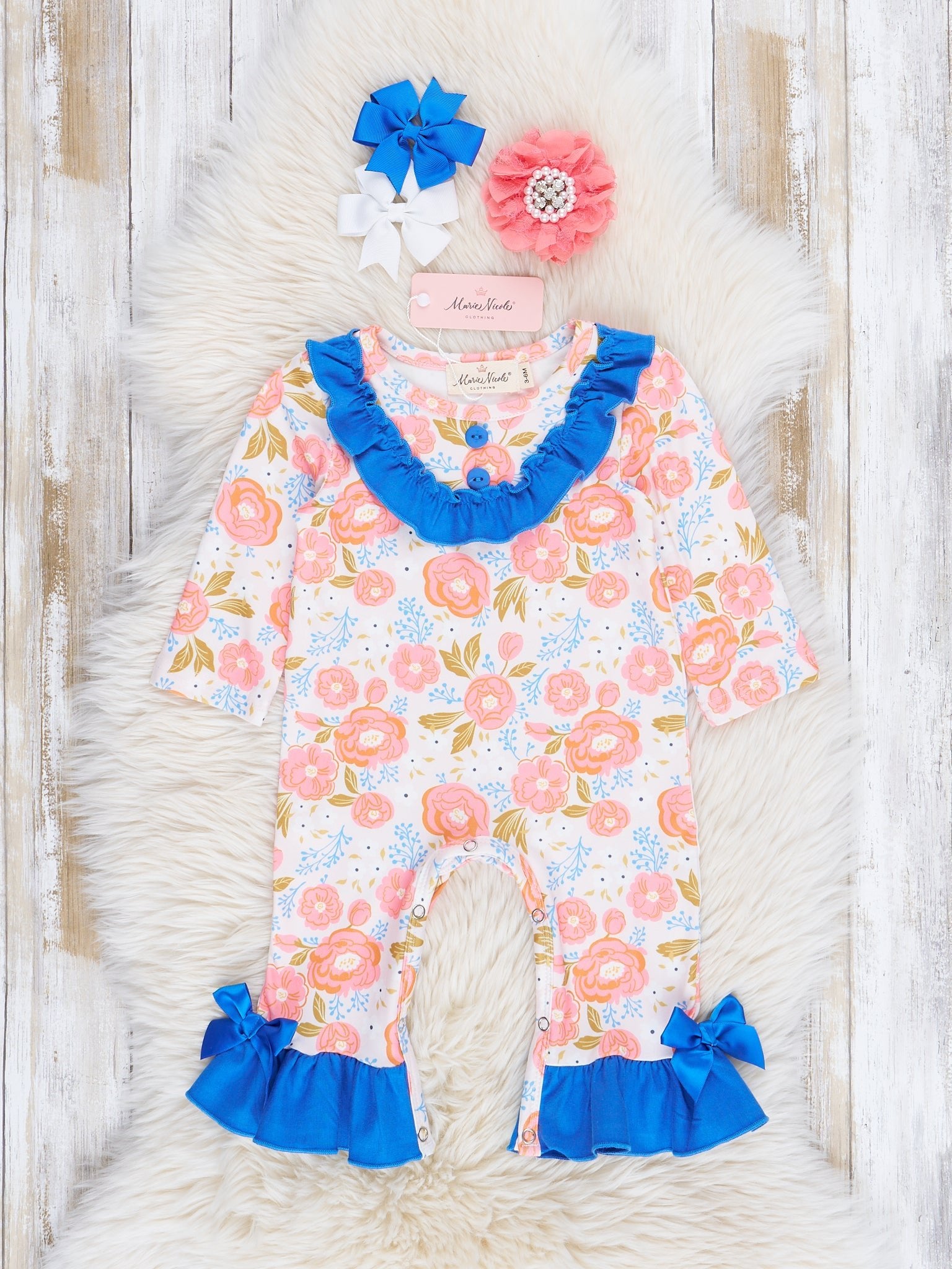 Coral & Blue Rose Garden Ruffle Romper - Marie Nicole Clothing