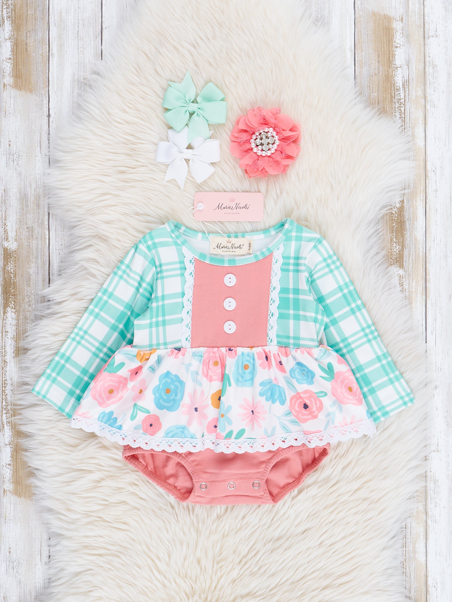 Green Plaid & Roses Lace Trim Bubble Romper - Marie Nicole Clothing