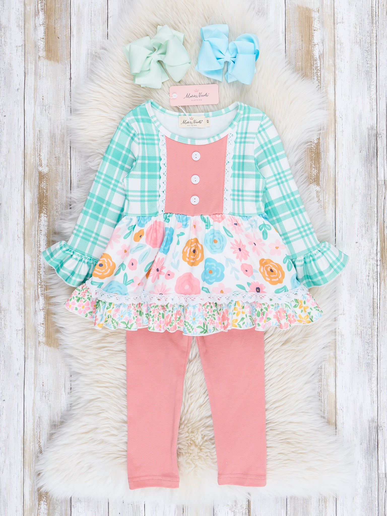 Green Plaid & Roses Lace Trim Outfit - Marie Nicole Clothing