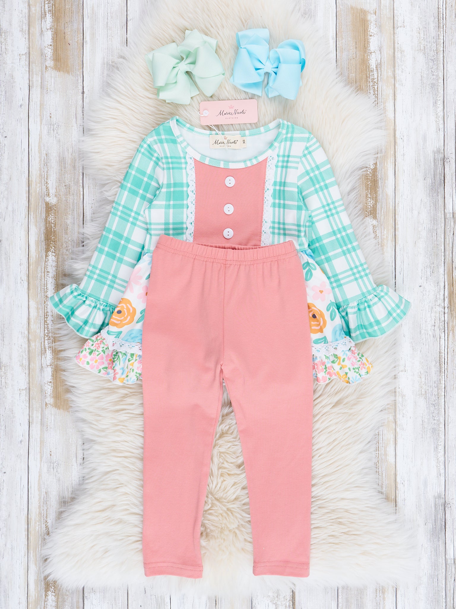 Green Plaid & Roses Lace Trim Outfit - Marie Nicole Clothing