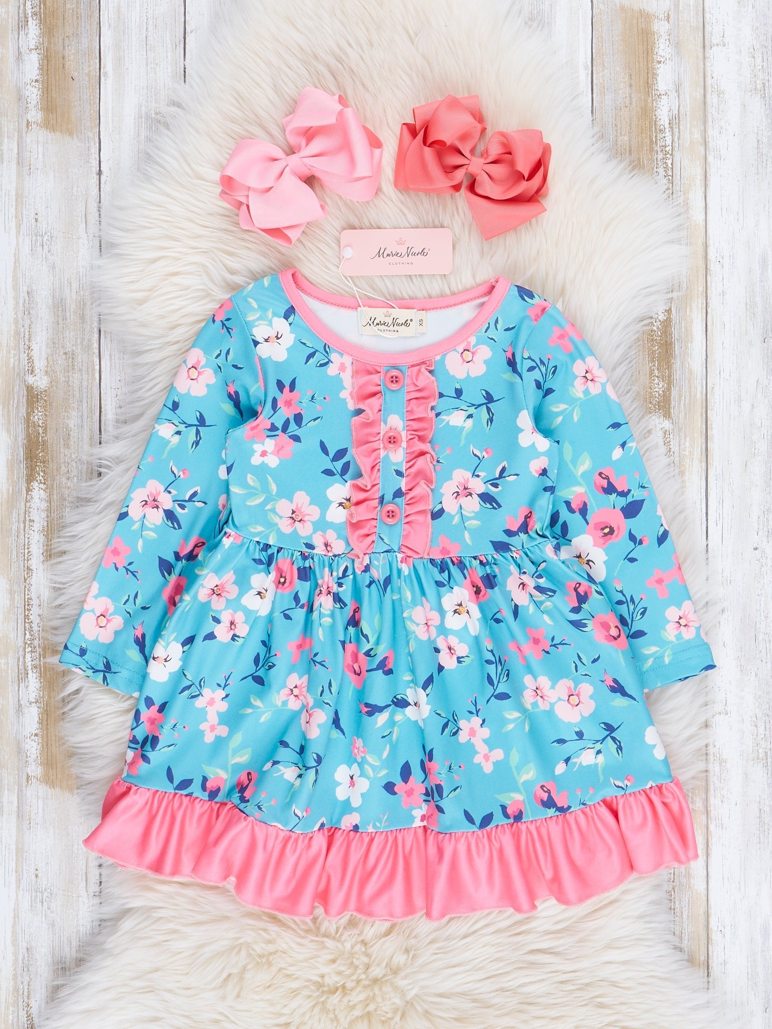 Teal & Pink Floral Ruffle Dress - Marie Nicole Clothing