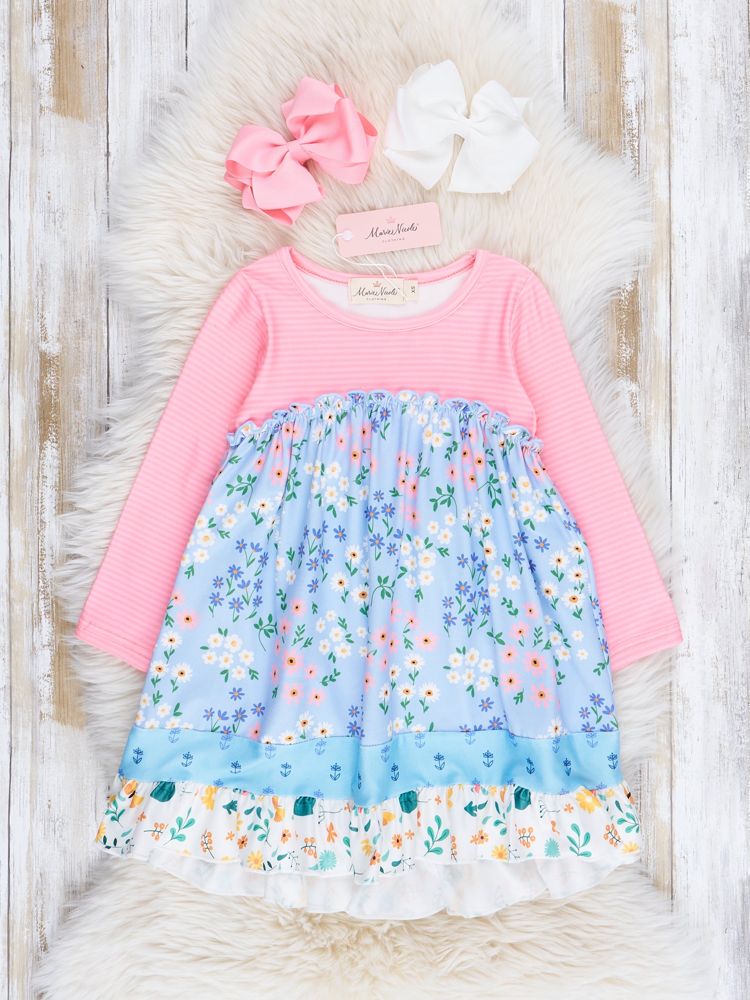 Bubblegum Stripes & Florals Ruffle Dress - Marie Nicole Clothing