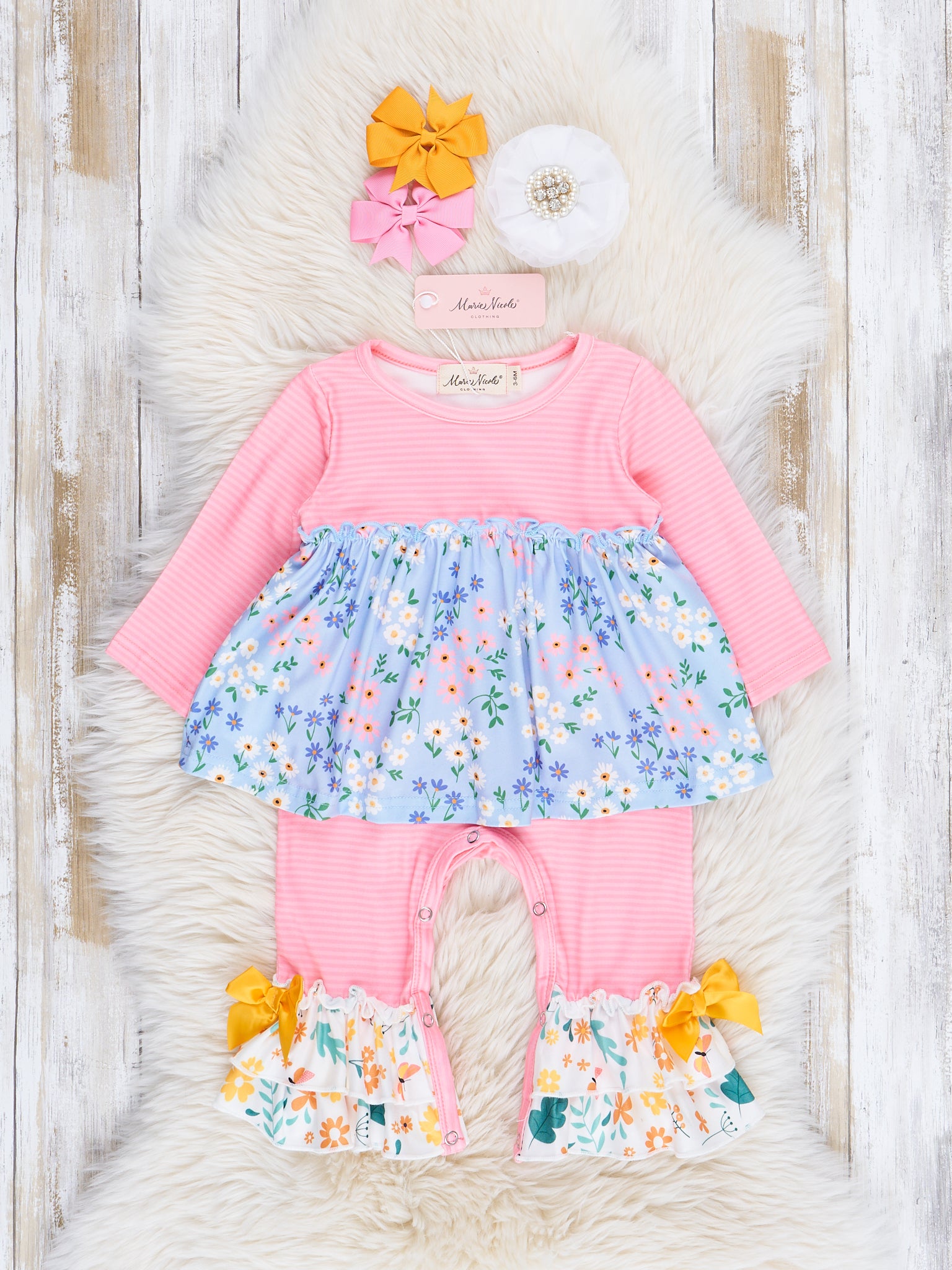 Bubblegum Stripes & Florals Ruffle Romper - Marie Nicole Clothing