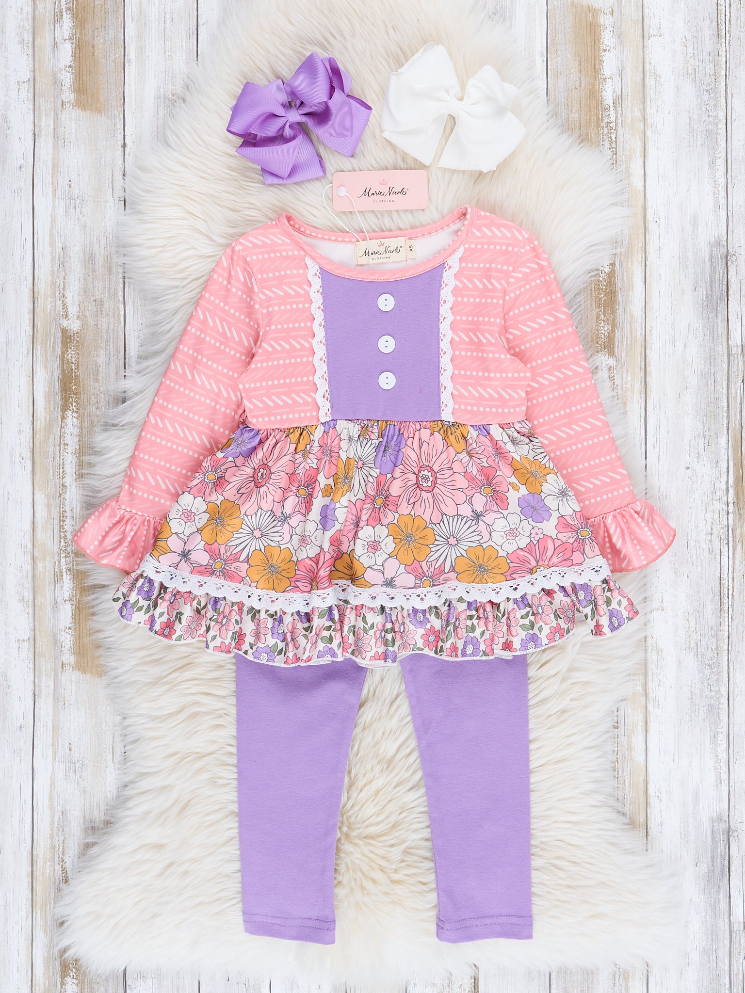 Purple & Pink Marigold Lace Trim Outfit - Marie Nicole Clothing