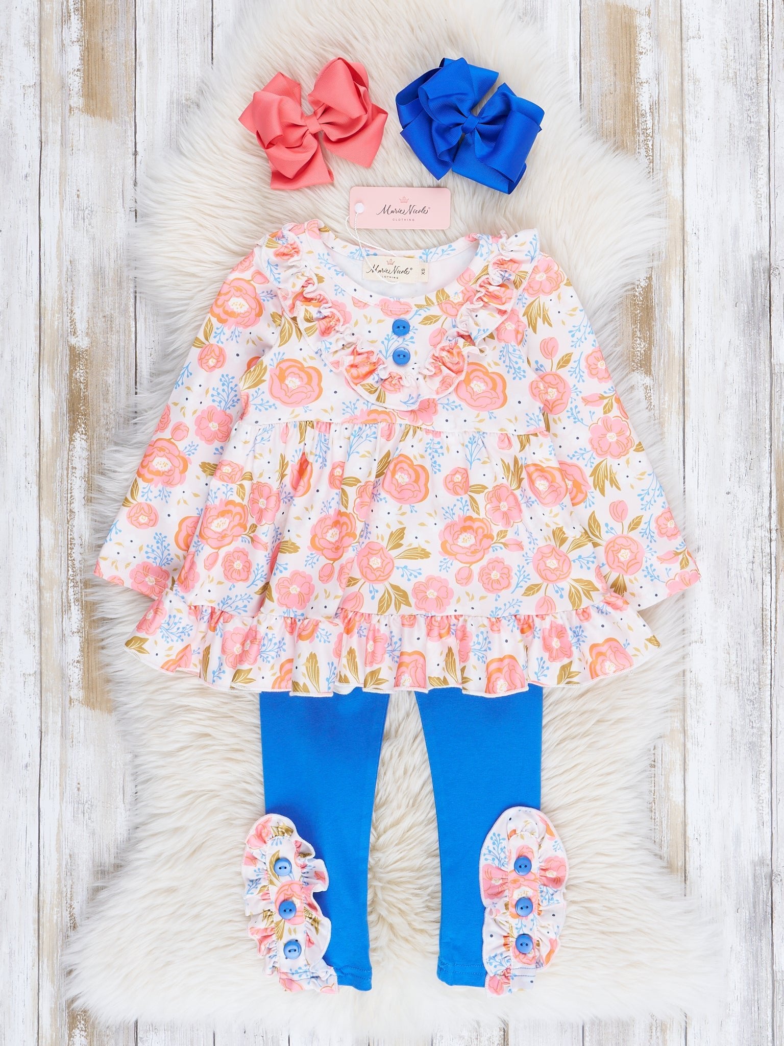 Coral & Blue Rose Garden Ruffle Outfit - Marie Nicole Clothing