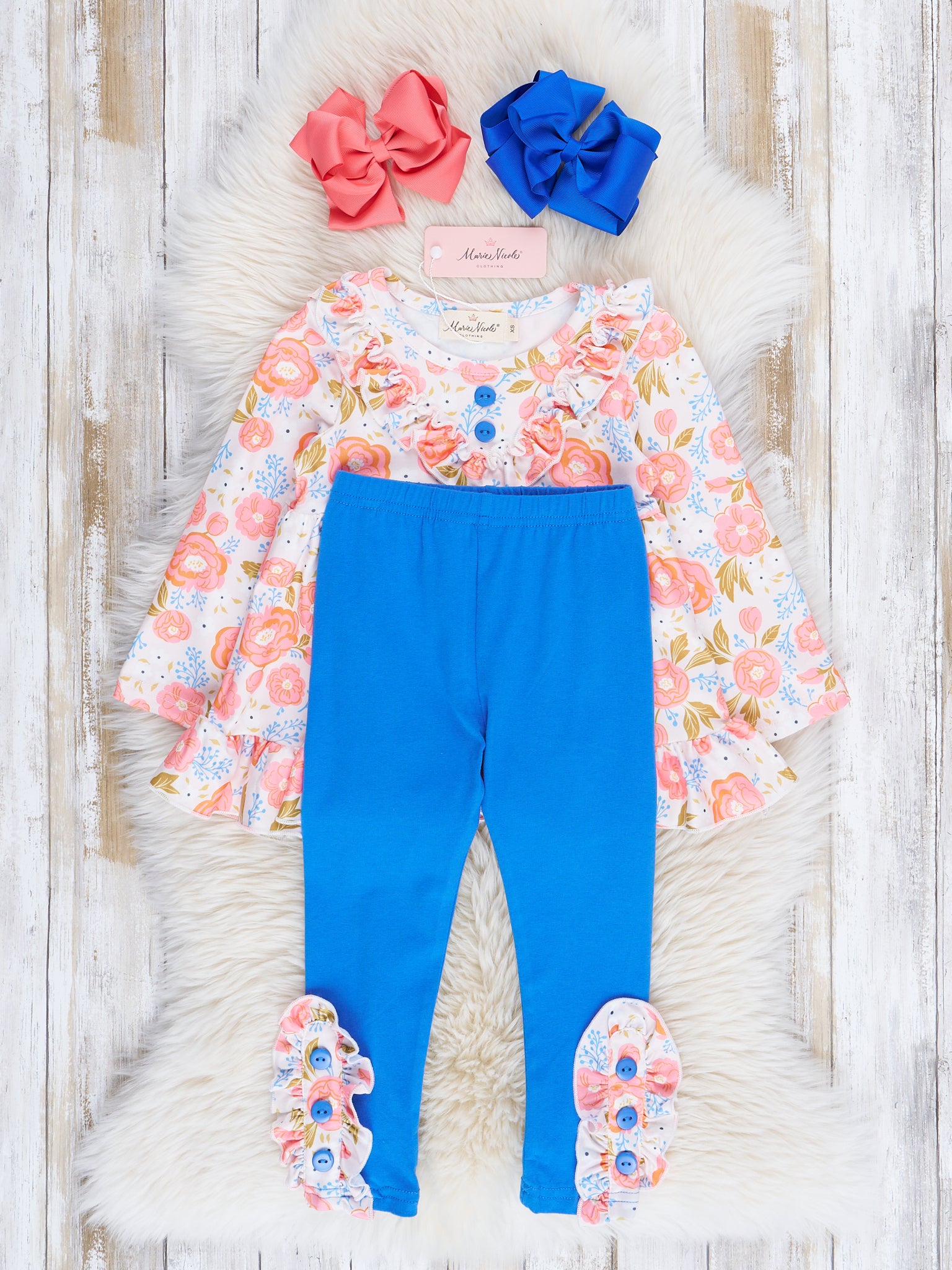 Coral & Blue Rose Garden Ruffle Outfit - Marie Nicole Clothing