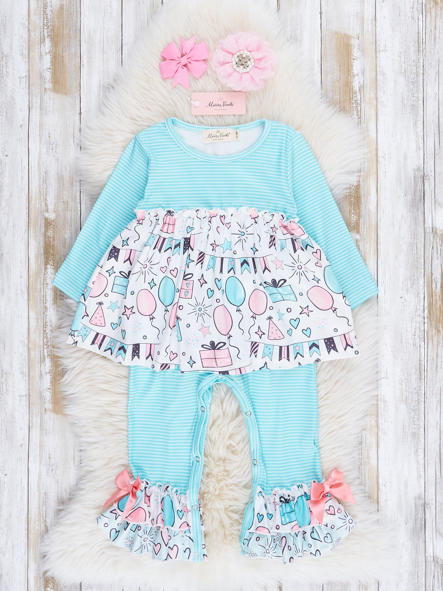 Teal Party Stripes Ruffle Romper - Marie Nicole Clothing