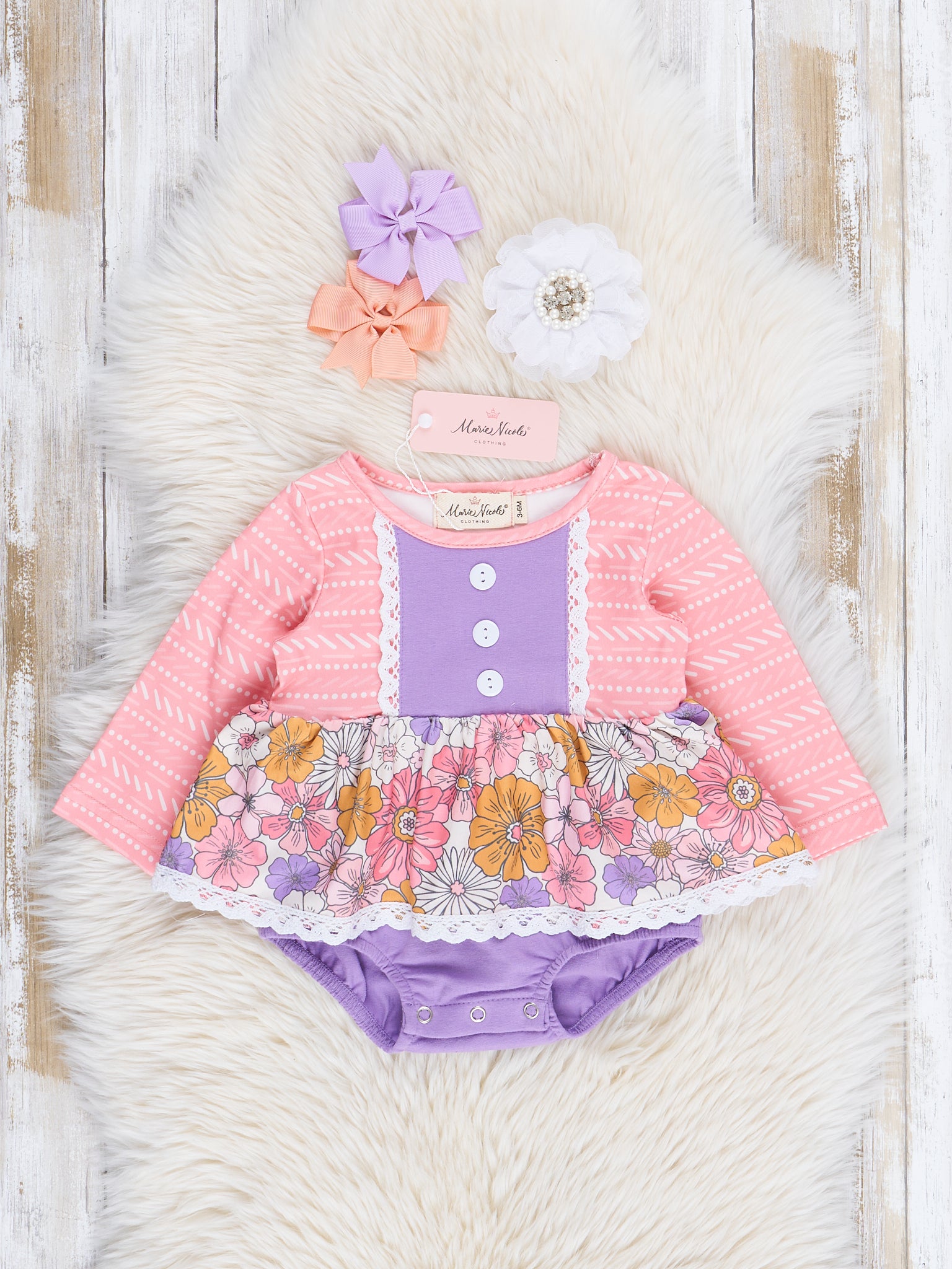 Purple & Pink Marigold Lace Trim Bubble Romper - Marie Nicole Clothing