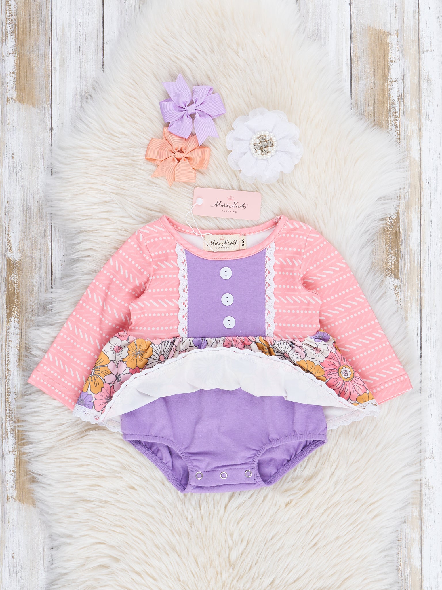 Purple & Pink Marigold Lace Trim Bubble Romper - Marie Nicole Clothing