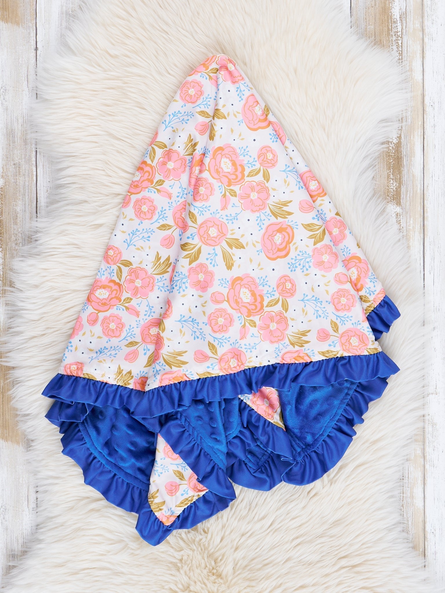 Coral & Blue Rose Garden Ruffle Minky Blanket - Marie Nicole Clothing
