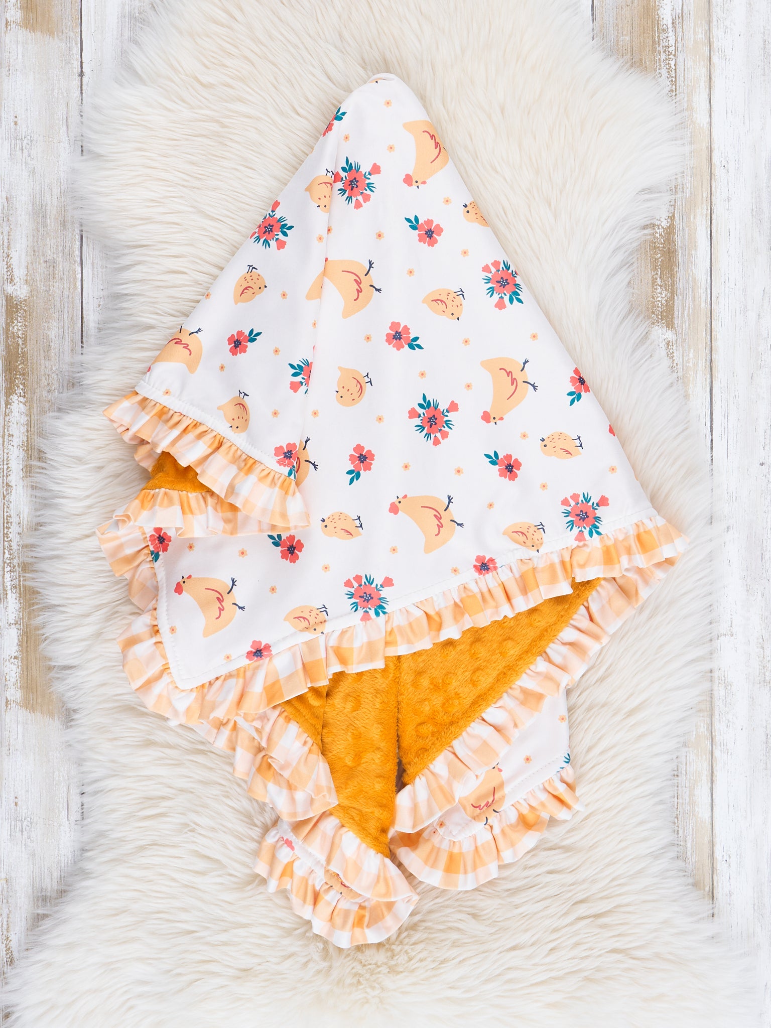 Yellow Pecking Garden Ruffle Minky Blanket - Marie Nicole Clothing