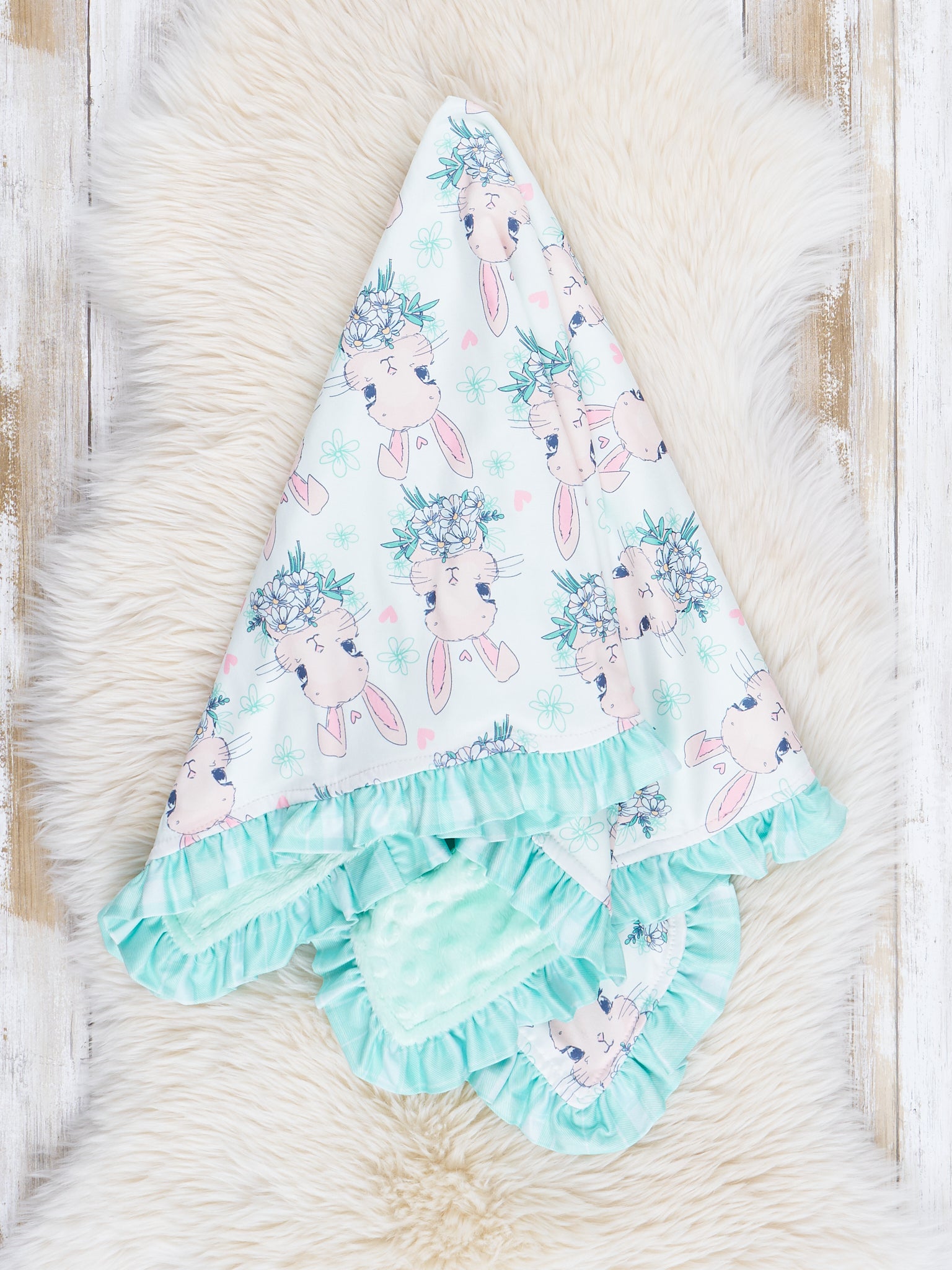 Turquoise Bunnies Ruffle Minky Blanket - Marie Nicole Clothing