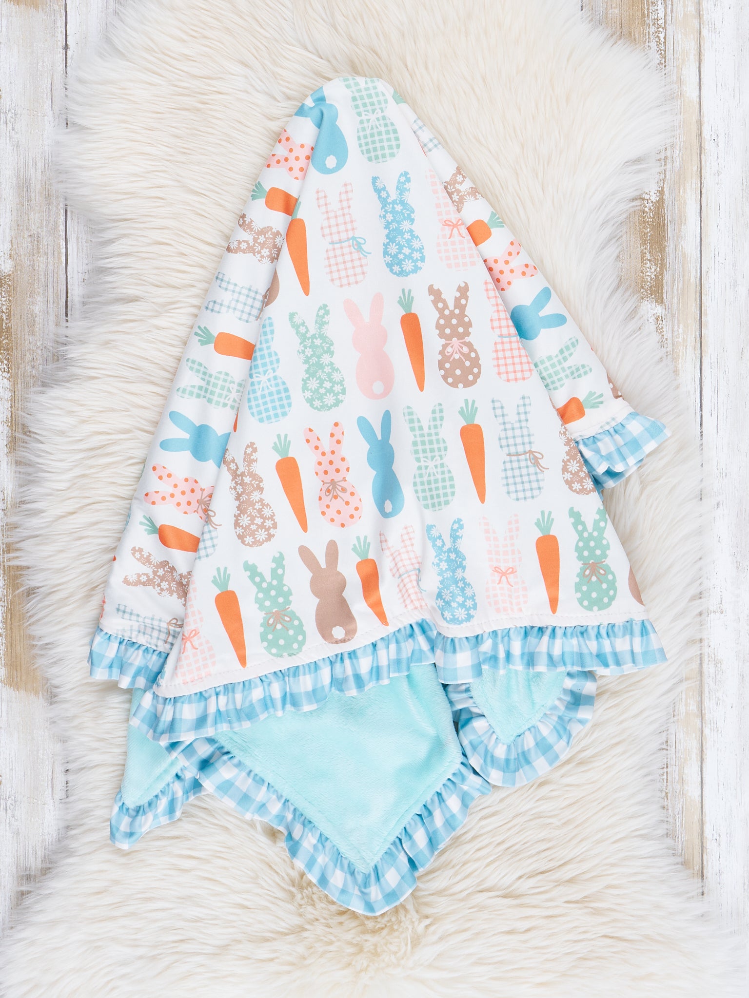 Blue Gingham Bunny Ruffle Minky Blanket - Marie Nicole Clothing