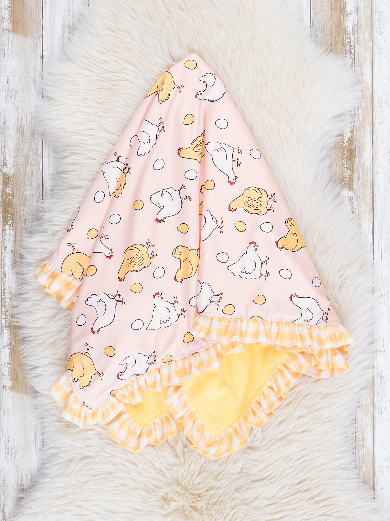 Blush & Yellow Gingham Chicken Ruffle Minky Blanket - Marie Nicole Clothing