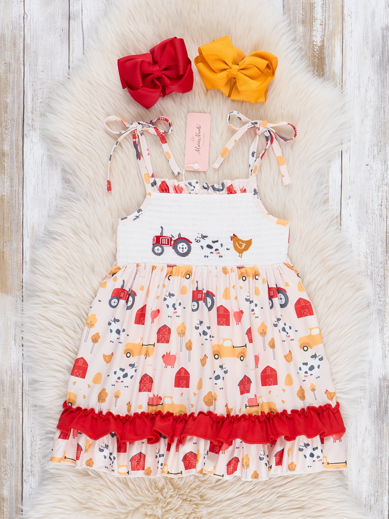 Farm Friends Smocked Ruffle Dress - Marie Nicole Clothing