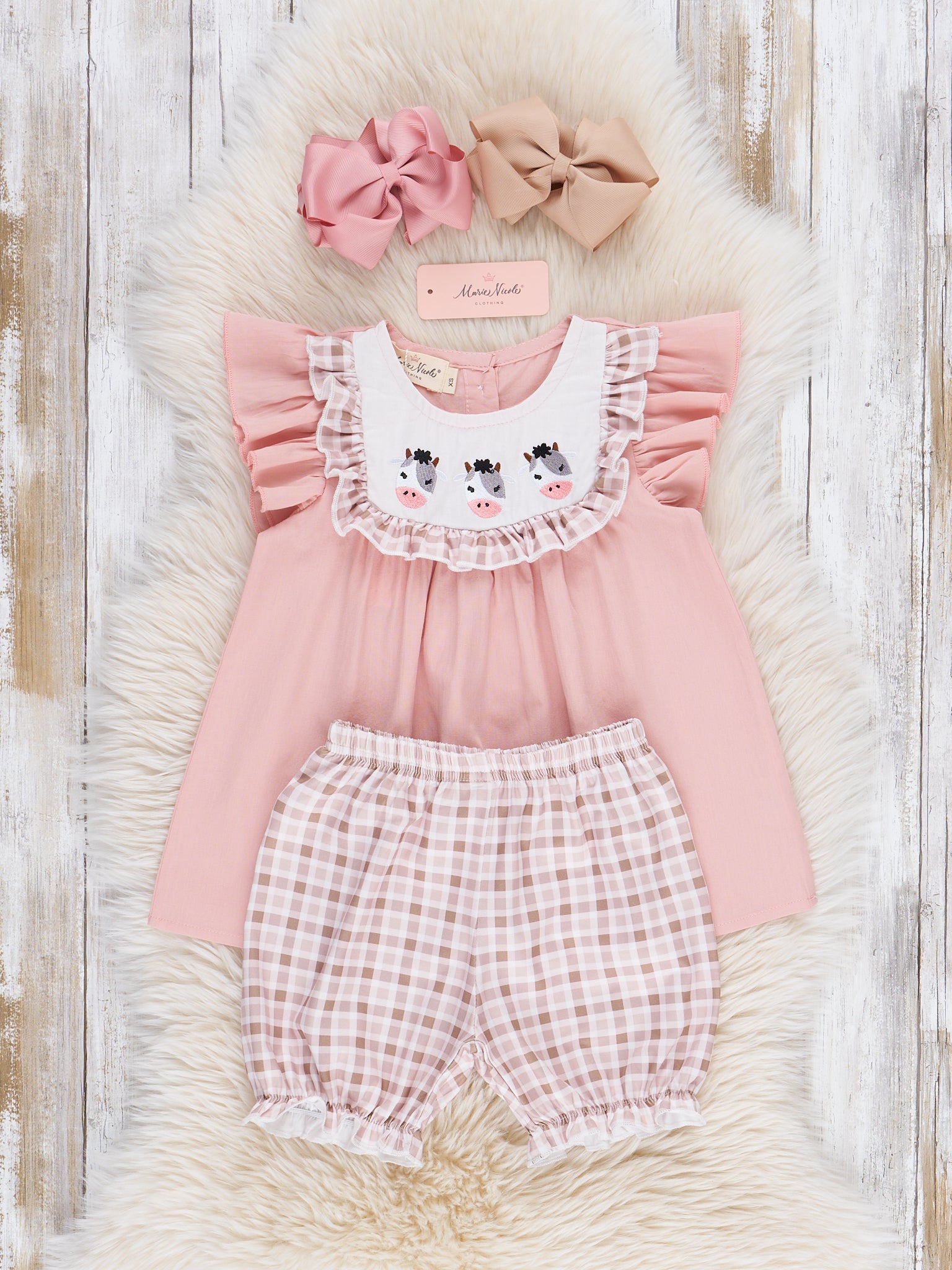 Embroidered Cows Ruffle Bib Outfit - Marie Nicole Clothing