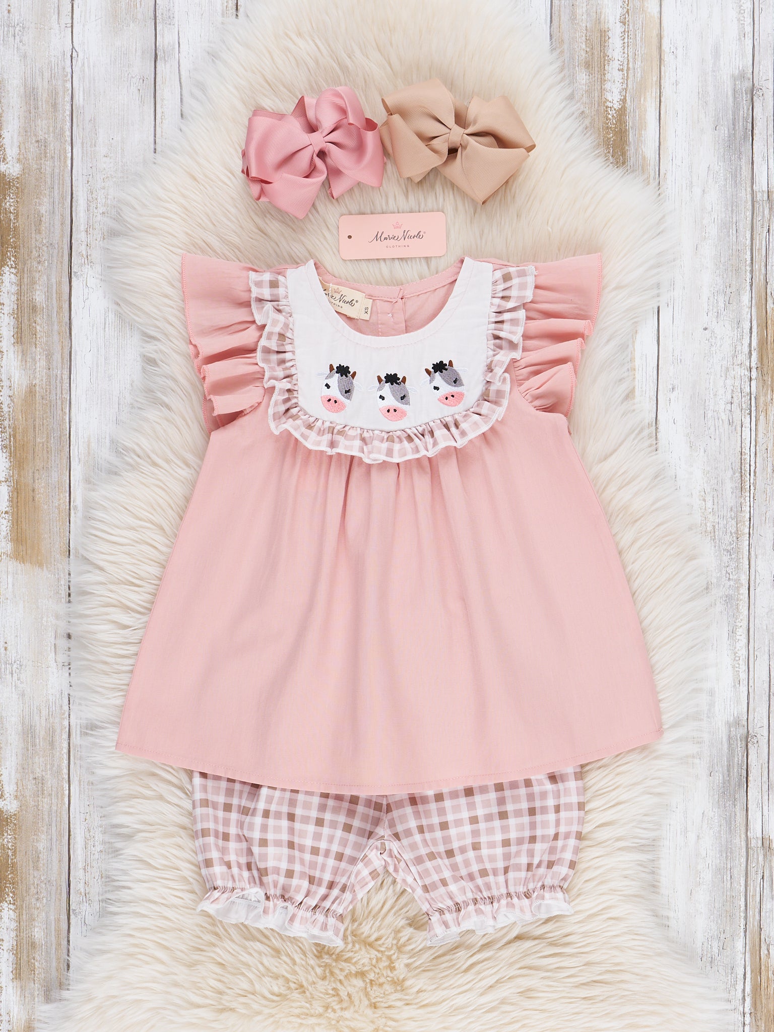 Embroidered Cows Ruffle Bib Outfit - Marie Nicole Clothing