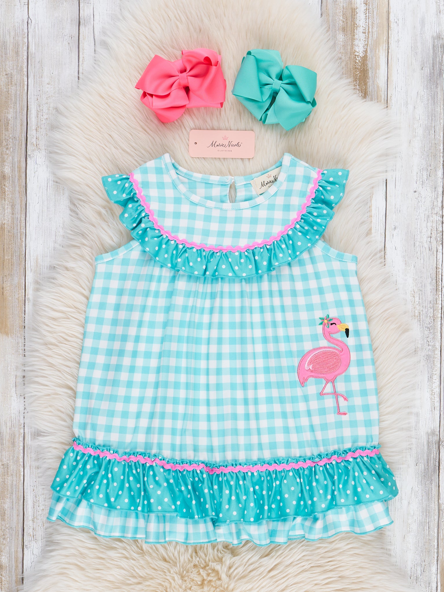 Gingham Embroidered Flamingo Party Ruffle Dress - Marie Nicole Clothing