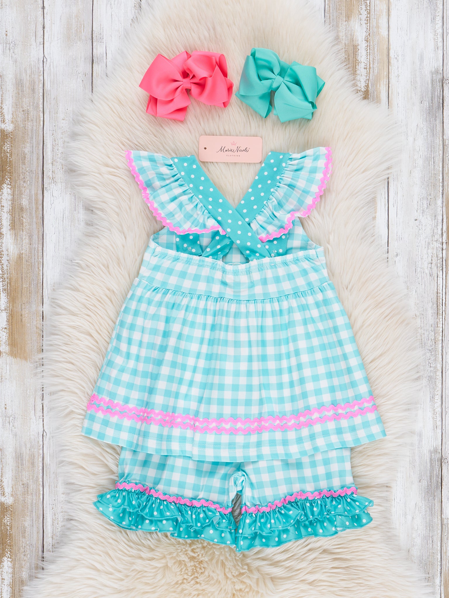 Gingham Embroidered Flamingo Party Ruffle Outfit - Marie Nicole Clothing